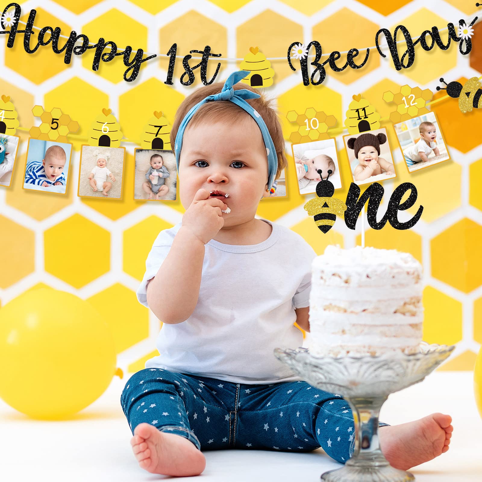 3 Pcs Happy 1st Bee Day Party Decorations - Bumble Honey Bee Birthday Banner, Cake Topper & Photo Props for Baby Boys Girls Newborn | Bee-Themed 1st Birthday Party Supplies for Cake Decor & Nursery Decor