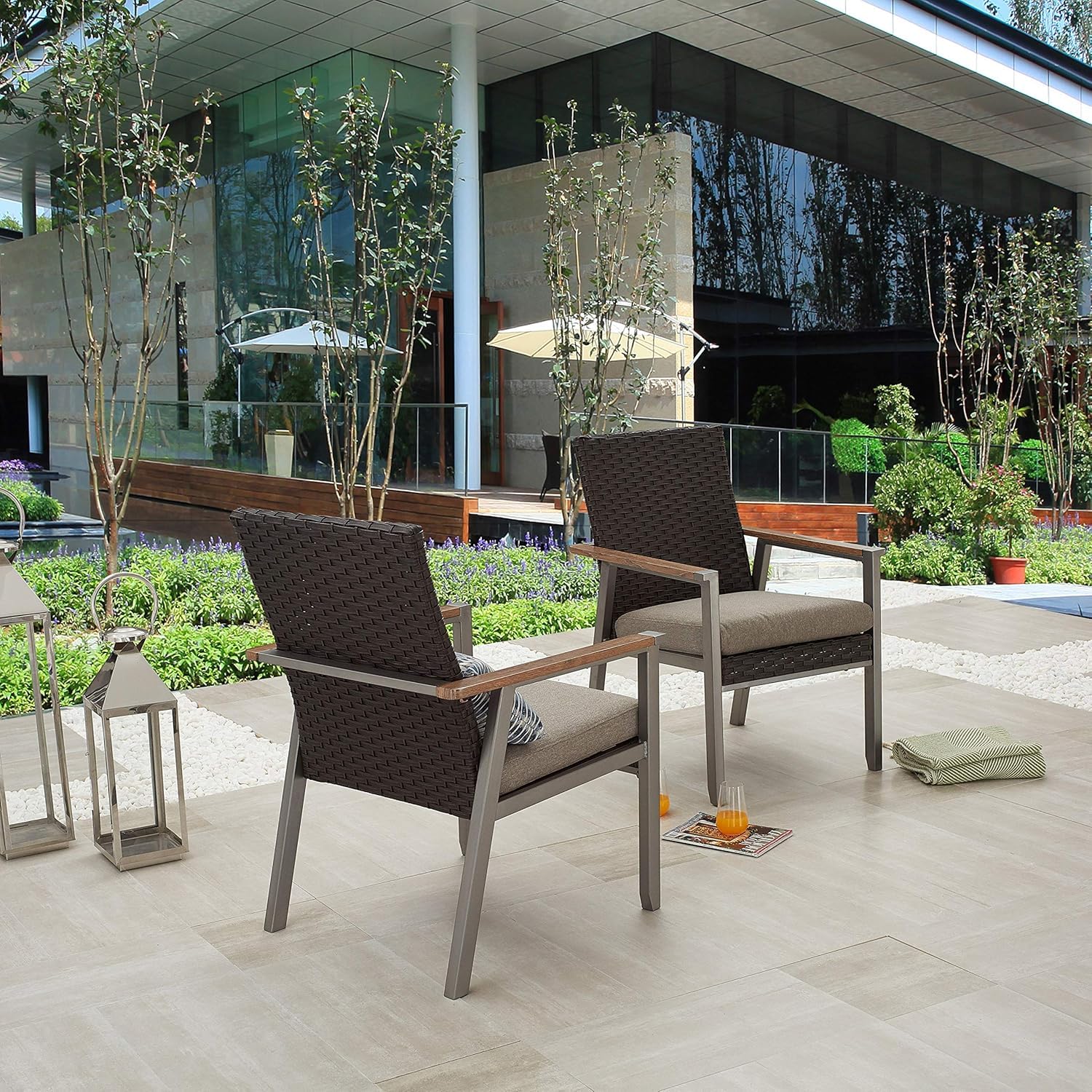 LOKATSE HOME 2-Piece Gray Outdoor Wicker Dining Chair Set - Patio Rattan Furniture with Cushions, Weather-Resistant Metal Armchairs for Garden, Poolside, and Backyard Relaxation