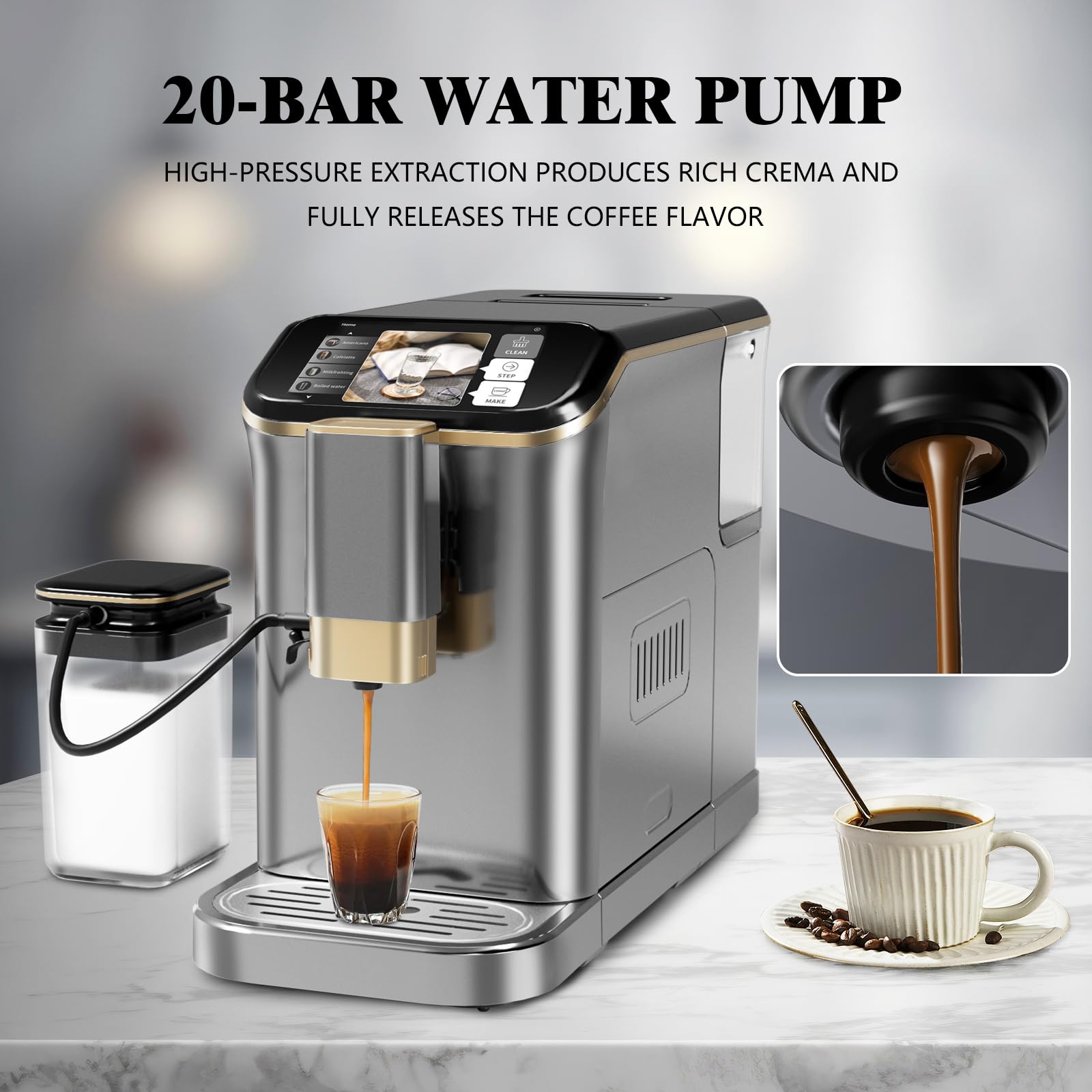 Premium 20 Bar Fully Automatic Espresso Machine with Milk Frother & Steam Wand - Professional Coffee Maker for Cappuccino, Latte & Espresso - Includes Insulated Milk Container (Gold) - Perfect for Home, Office & Cafe Use