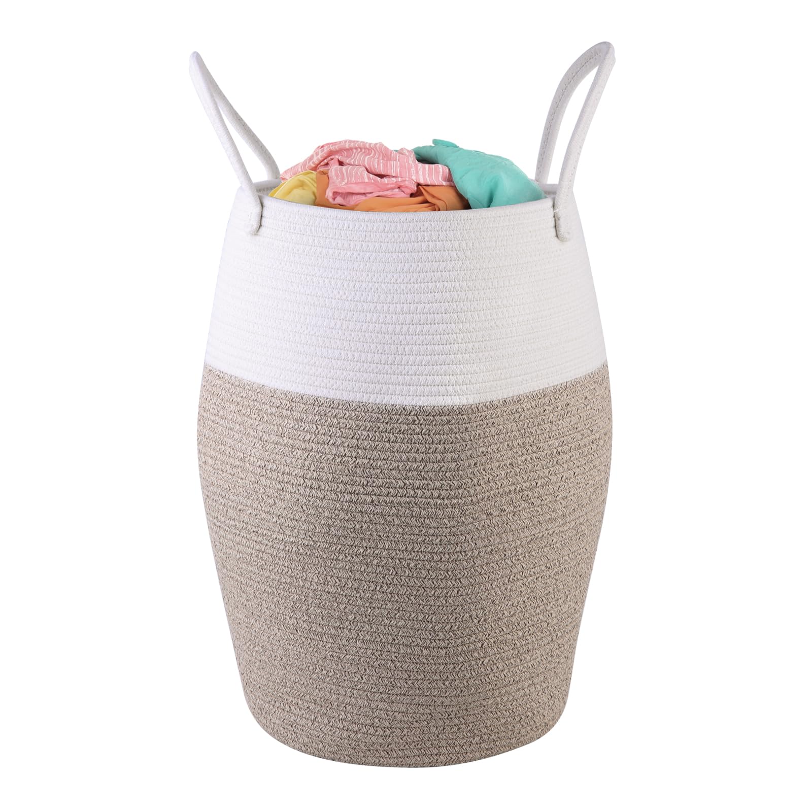 Large Woven Laundry Basket with Handles - Tall Nursery Hamper for Baby Clothes, Blankets & Towels | Round Storage Basket for Organizing Kids' Dirty Clothes & Living Room Essentials | Decorative Fabric Cotton Basket in Brown-White | Perfect for Nursery, Bedroom & Bathroom Storage