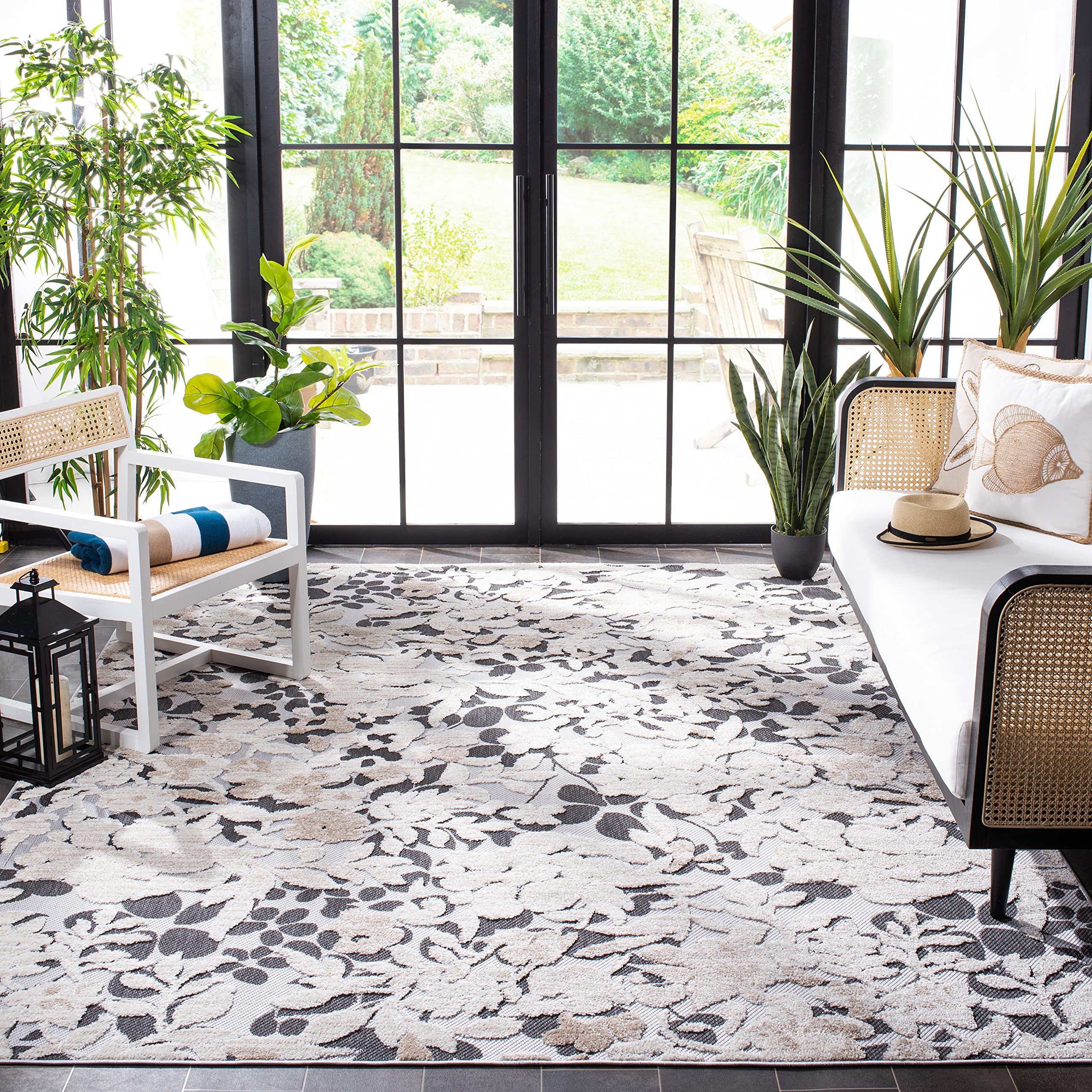 SAFAVIEH Cabana Collection 8' x 10' Ivory & Charcoal Area Rug - Non-Shedding, Easy Care, Stain Resistant for High Traffic Areas - Perfect for Living Room, Bedroom, Dining Room Decor (CBN672A) | Boho Chic Home Design & Cozy Interior Styling