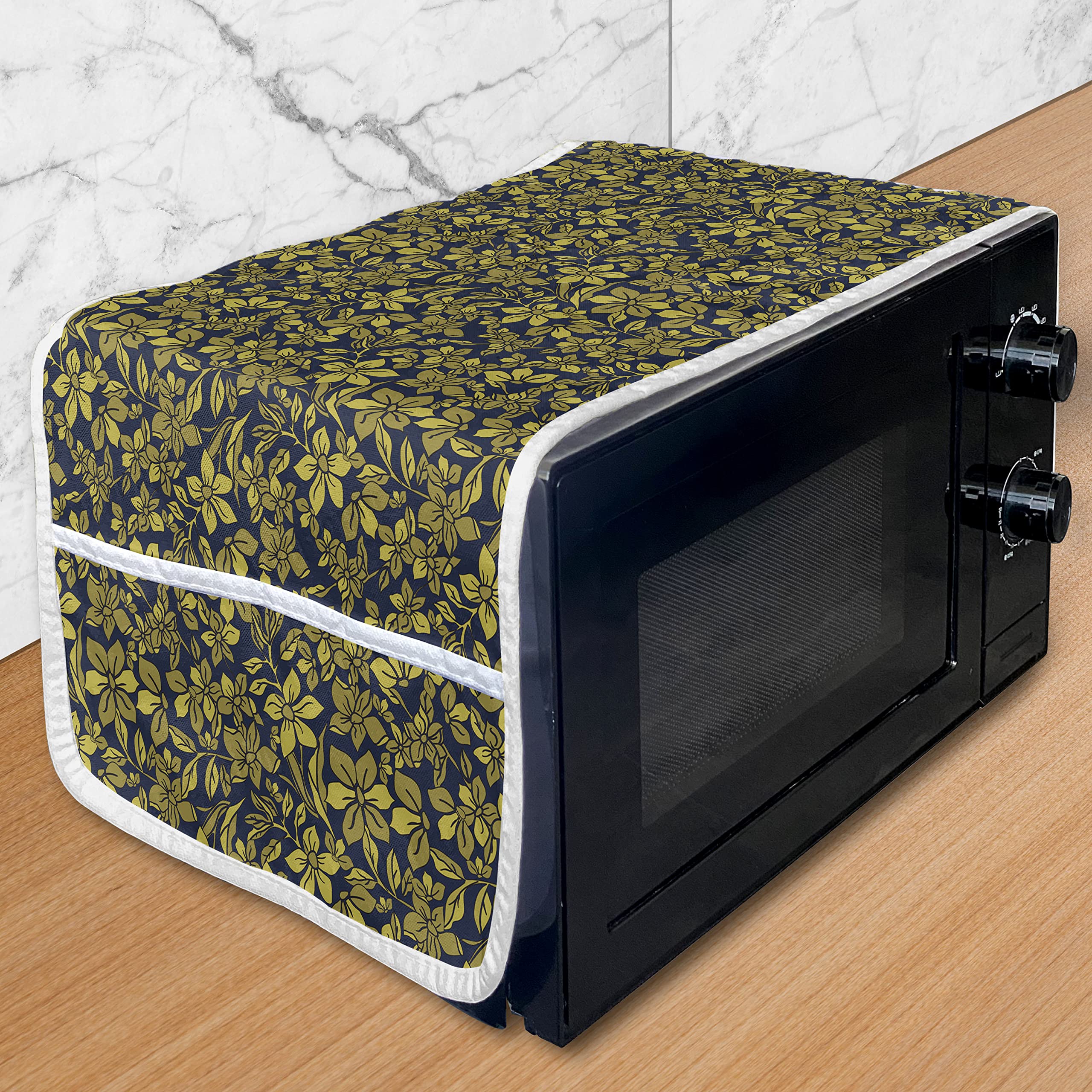 Ambesonne Mustard Microwave Cover - Vintage Botanical Floral Design, Water Resistant Kitchen Organizer with Pockets, 36 x 12 Inches, Khaki Indigo - Perfect for Protecting Appliances & Adding Retro Style to Your Kitchen