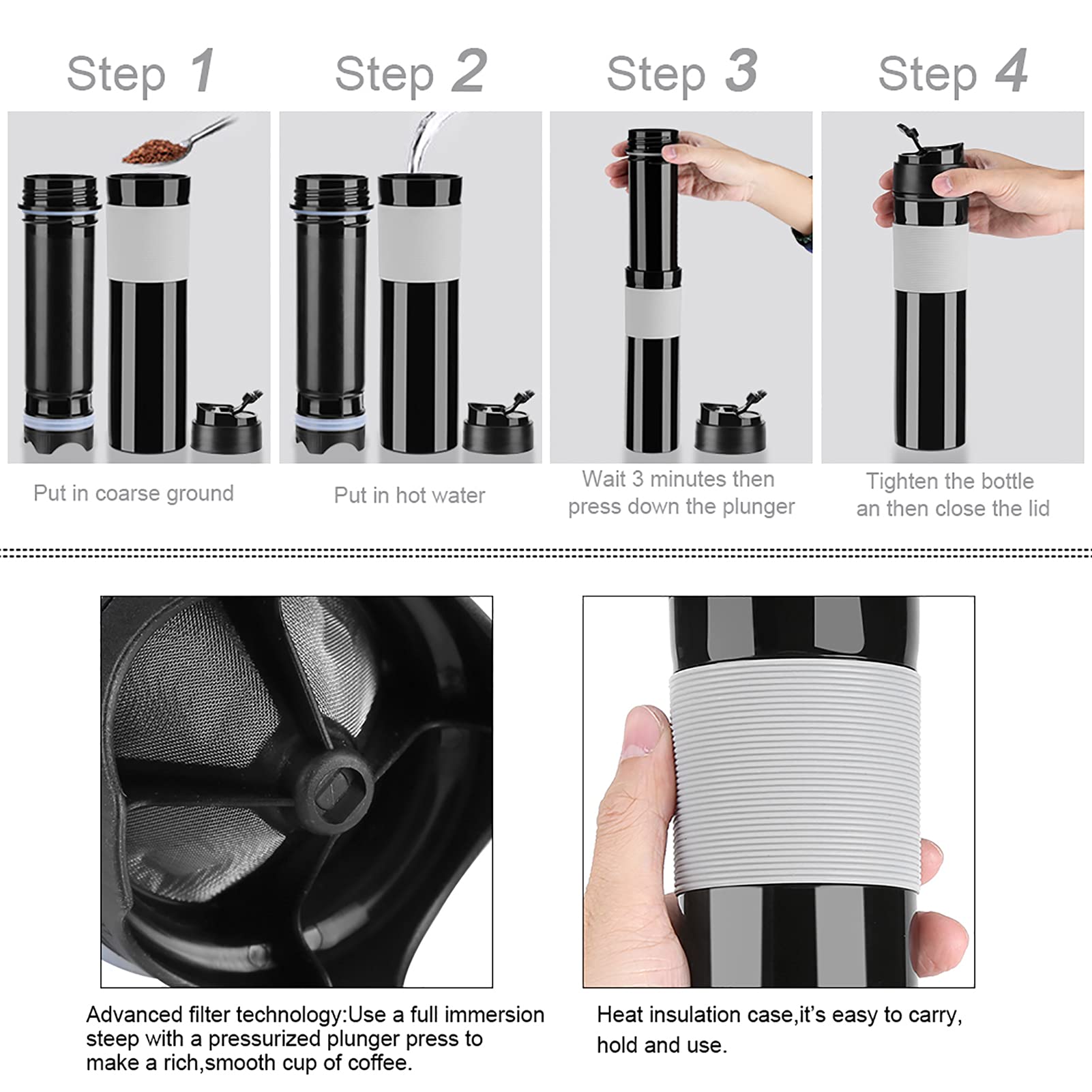 Greensen 350ml French Press Coffee Maker - Portable Travel Mug for Coffee & Tea, Insulated Stainless Steel Thermos for Work, Car, Camping & Outdoor Adventures (Black)