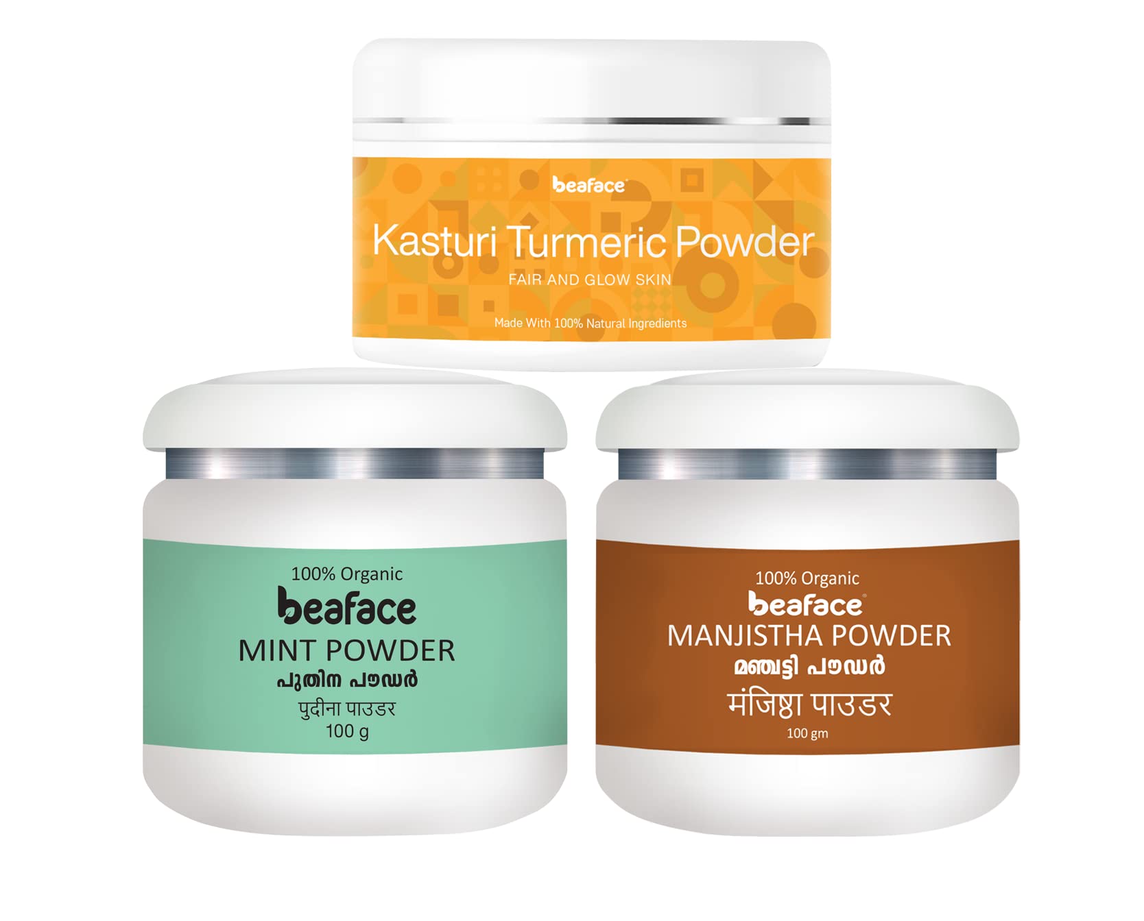 Beaface Skin Whitening Care Kit - Kasturi Turmeric Powder, Mint Powder & Manjistha Powder (100g x 3 Pack) | Natural Brightening Treatment for Face & Body | DIY Face Mask & Skin Care Routine