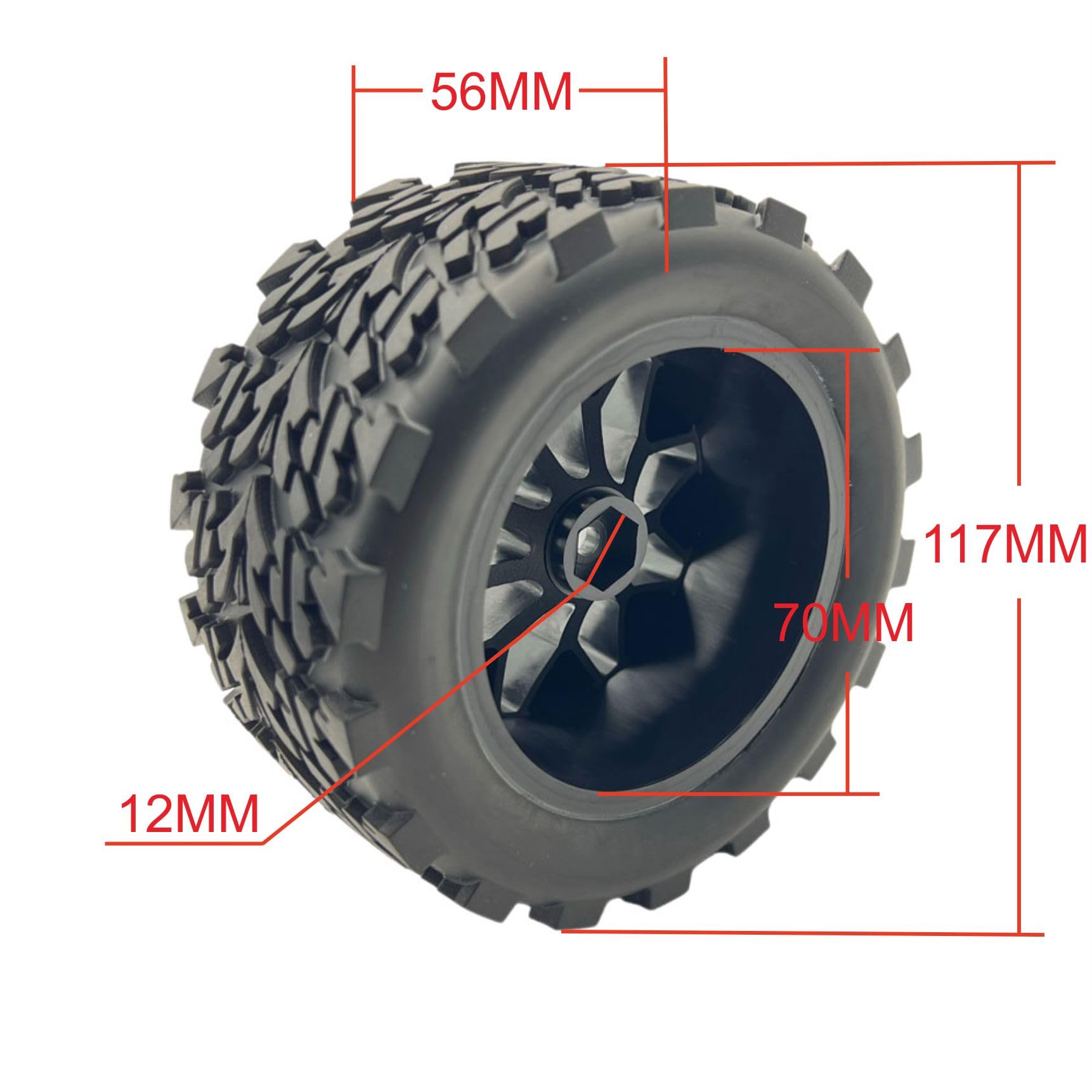 1/10 Scale 12mm Hex RC Wheels and Tires - Pre-Glued 4PCS for Traxxas Rustler, Stampede 2WD/4X4 VXL, Hoss, E-Revo, Redcat Volcano EPX - Durable Off-Road Tires for Racing, Bashing & Crawling - Compatible with RIAARIO AMORIL RC Trucks