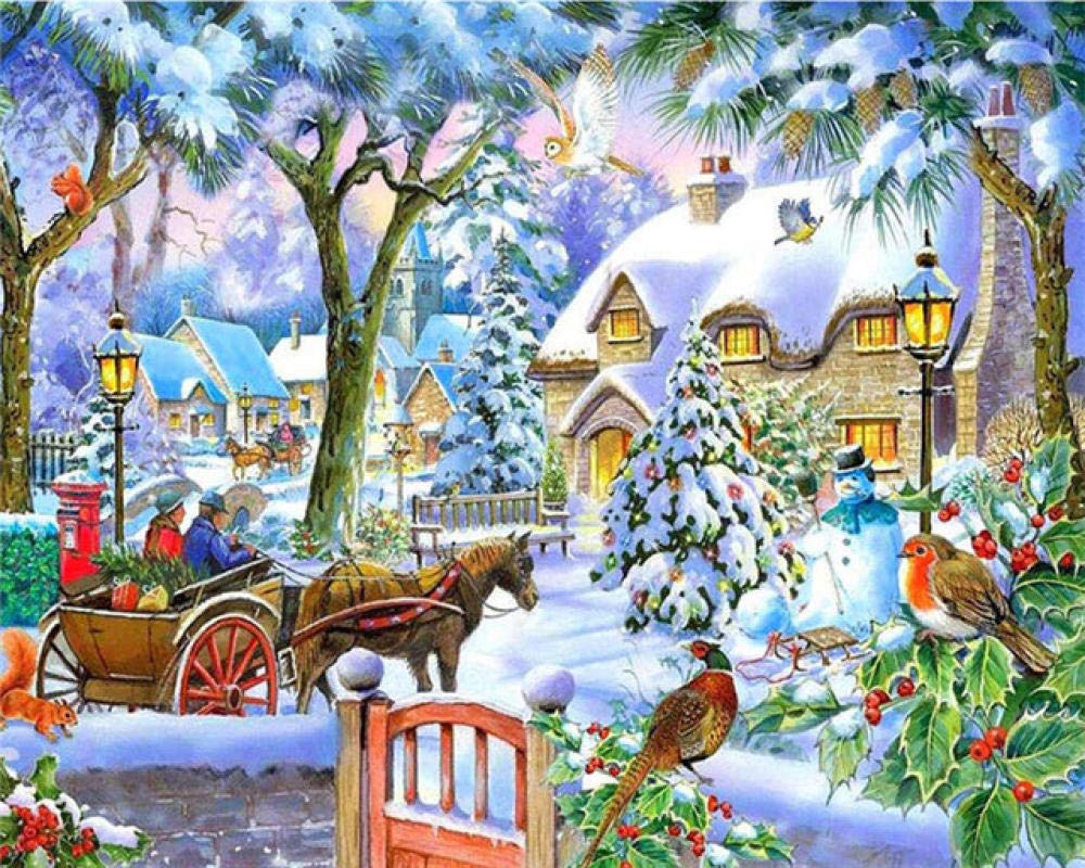 Winter House Paint by Numbers Kit - DIY Hand-Painted Canvas Art for Adults, Snow Scene Home Decor - Perfect for Relaxation & Stress Relief