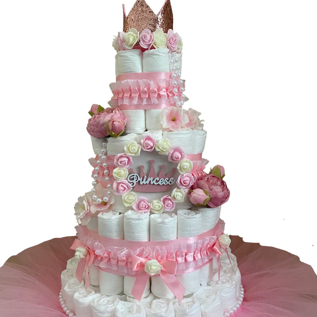 4-Tier Princess Diaper Cake for Baby Girls - Newborn Diaper Gift Set with 12 Diapers | Perfect for Baby Showers, Gender Reveals & Welcome Home Decor
