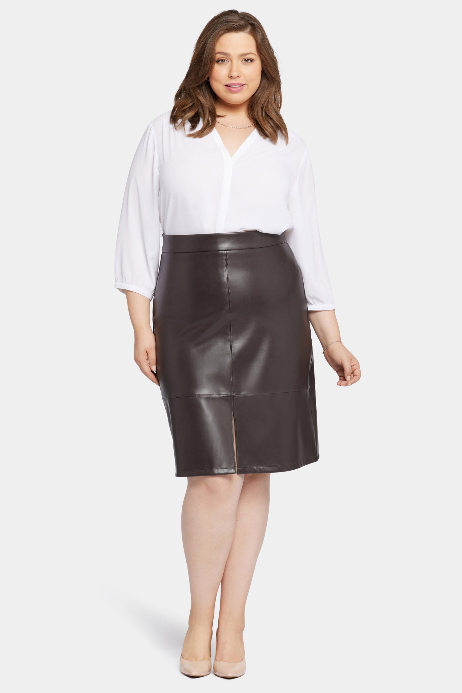 Stylish Plus Size Faux Leather A-Line Skirt in Cordovan - Perfect for Office, Party & Casual Outfits