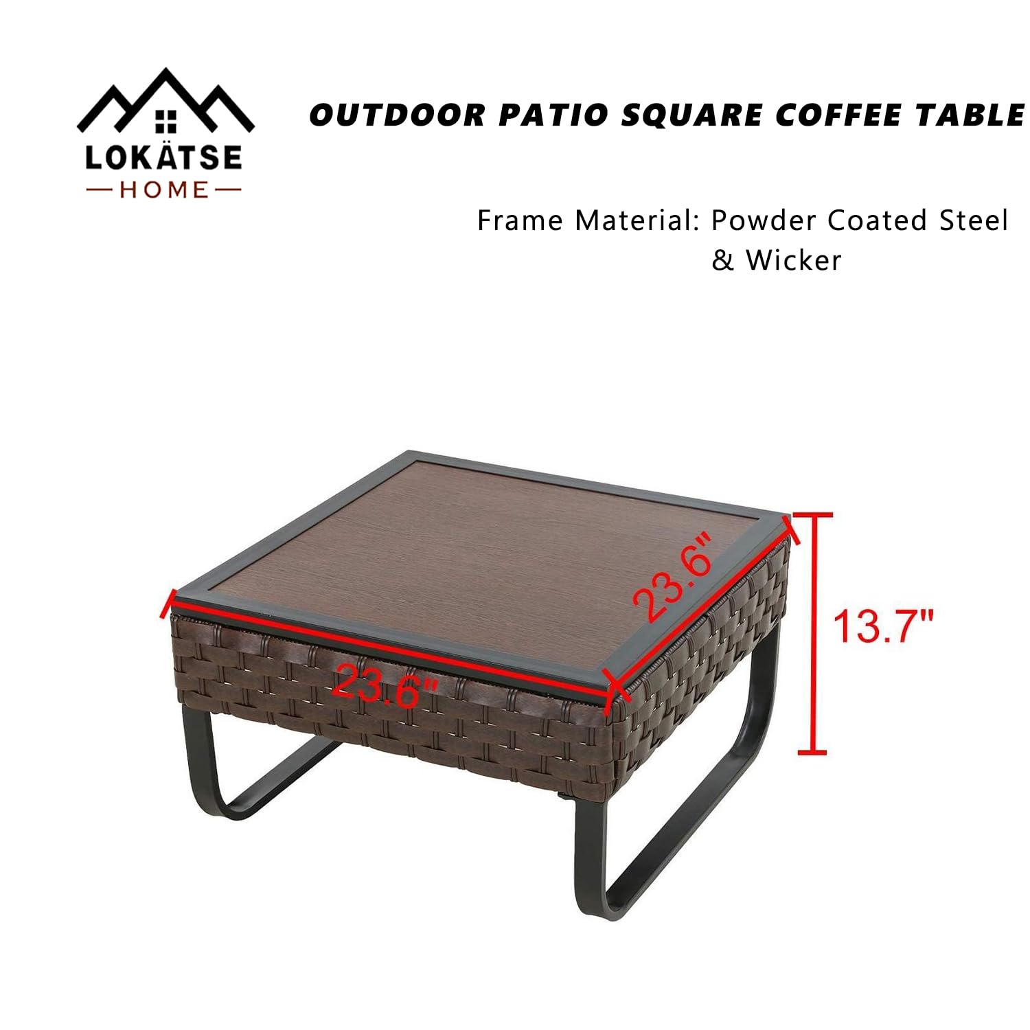 LOKATSE HOME Outdoor Square Bistro Table - Rattan Wicker Coffee Side Table with Metal Frame & Wood Grain Top - Brown - Perfect for Patio, Garden, Balcony Dining & Relaxing