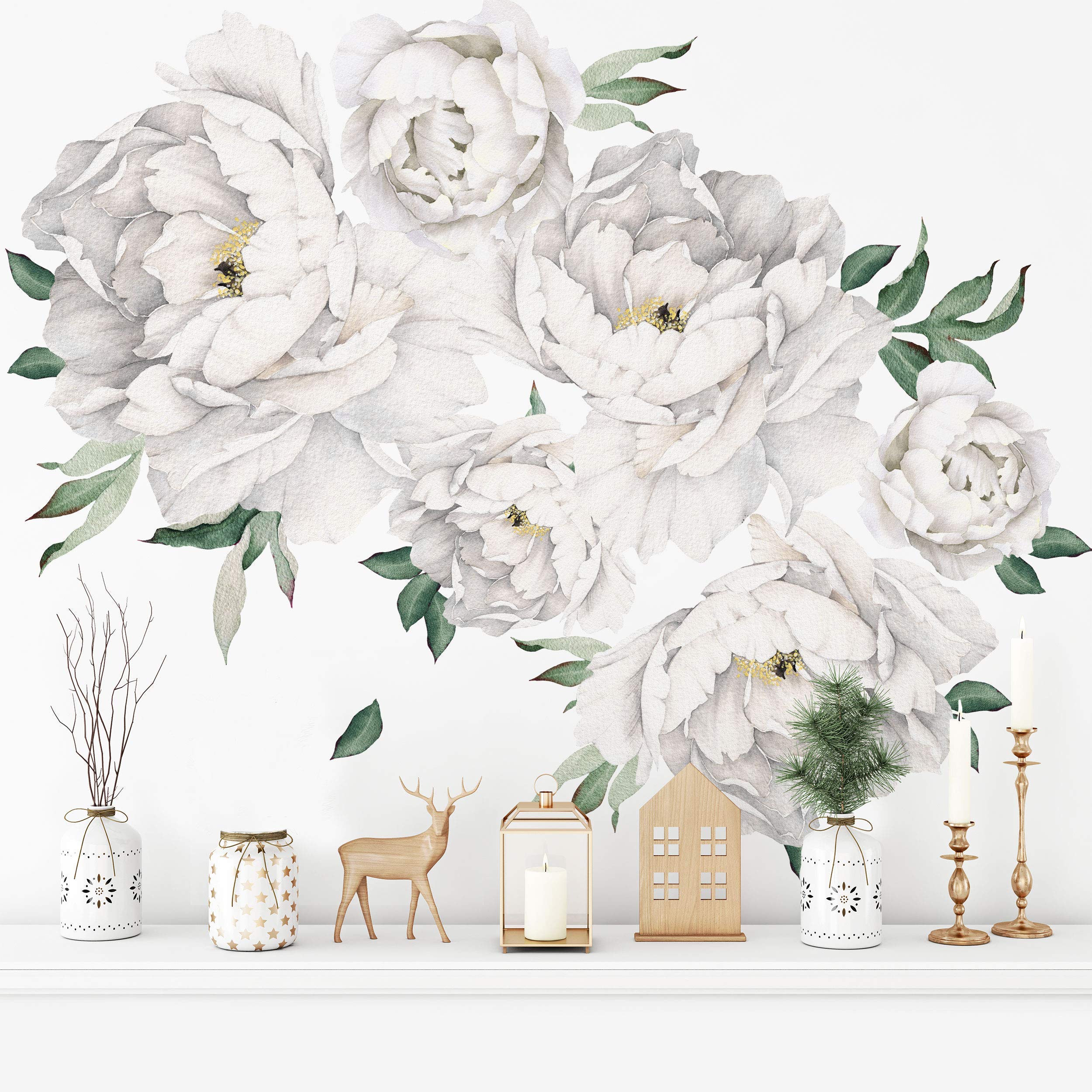 Murwall White Peony Wall Stickers - Floral Vinyl Decals for Bedroom, Kitchen, Nursery | Peel and Stick Wall Art for Home Decor, DIY Interior Design