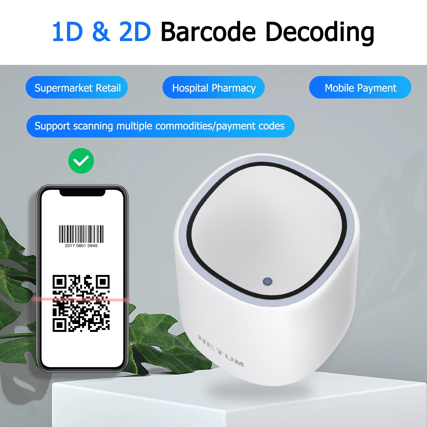 NT 5090 Wireless Hands-Free Barcode Scanner - Bluetooth Enabled for Retail, Warehouse & Inventory Management - Fast & Accurate Scanning for Efficient Workflows