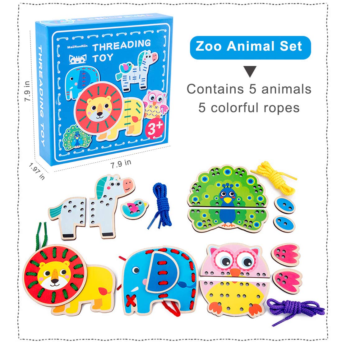 Promise Babe 5 Pack Animal Lacing Cards - Wooden Threading Puzzle Toys for Toddlers, Montessori Fine Motor Skills Learning, Preschool Educational Toys - Perfect for Home & Classroom Early Childhood Development Activities