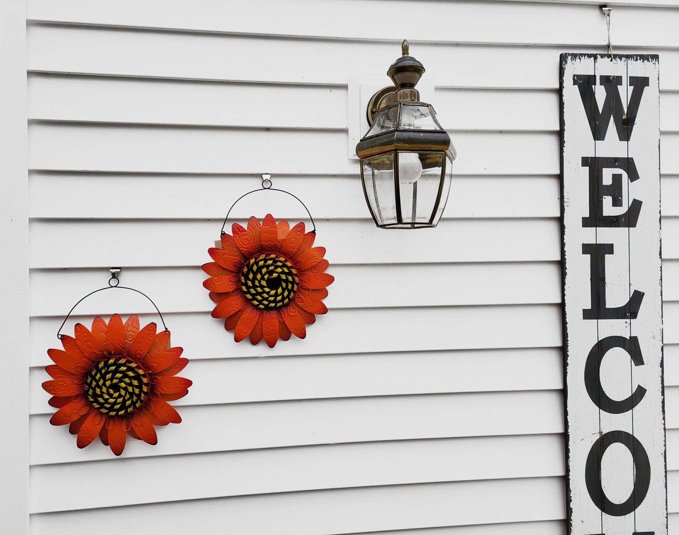 SeasonsEasy Metal Sunflower Wall Decor Set of 2 - Orange Floral Wall Art with Wire Hanger for Home & Garden - Perfect for Living Room, Bedroom, Kitchen, Bathroom, Outdoor Patio & Garden Decor