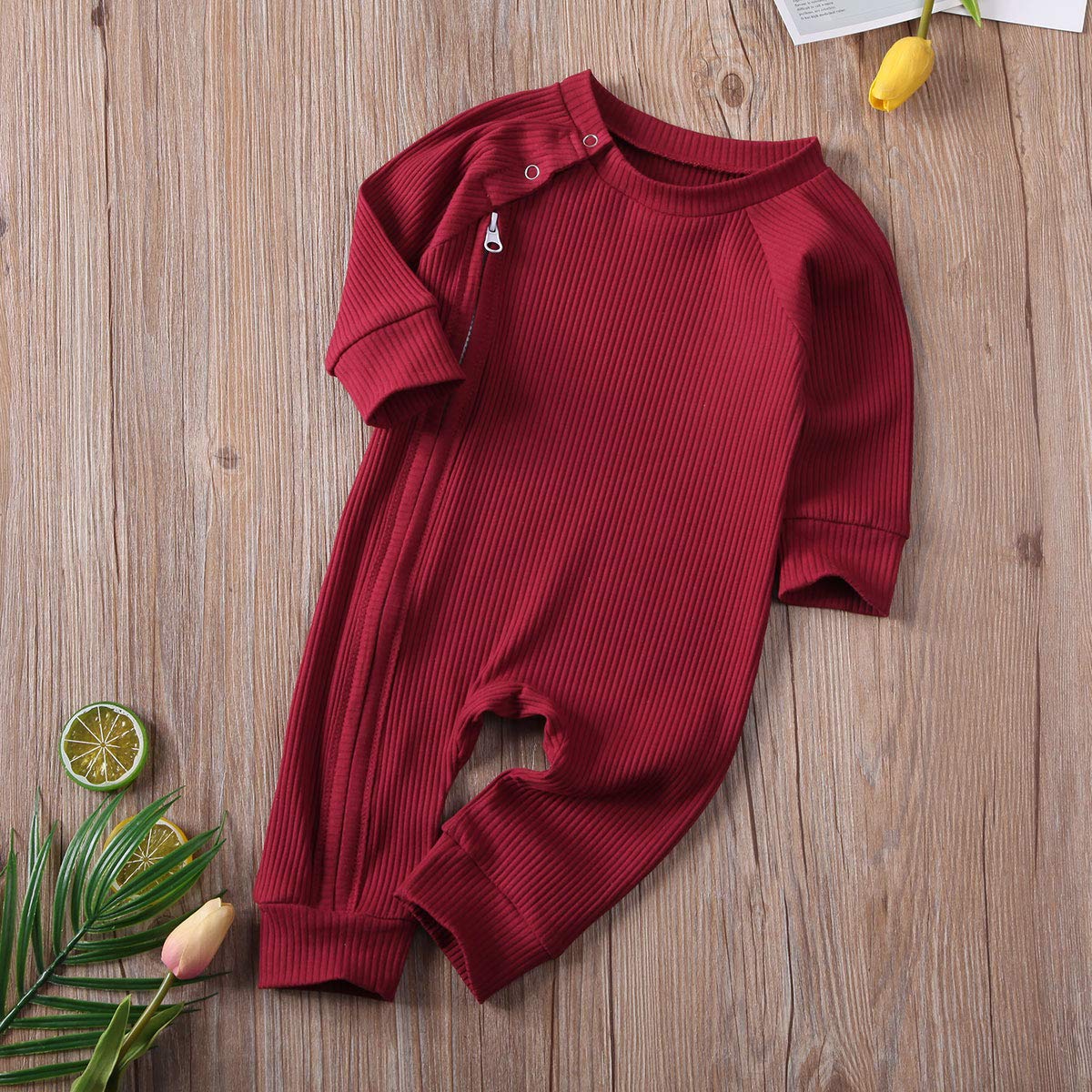 Newborn Baby Girl & Boy Ribbed Ruffle Footed Romper Onesie - Soft Zipper Jumpsuit for Fall & Winter Outfits - Perfect for Family Photos, Playdates & Cozy Home Wear