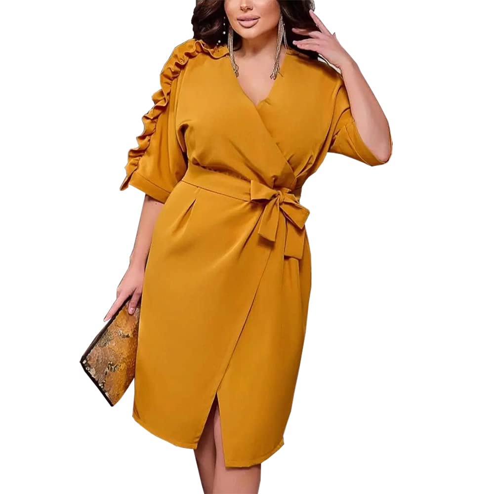 AOMEI Women's Summer Wrap Dress with Ruffles & Front Tie - Flowy V-Neck Half Sleeve Yellow Dress for Casual Outings, Beach Vacation & Date Night