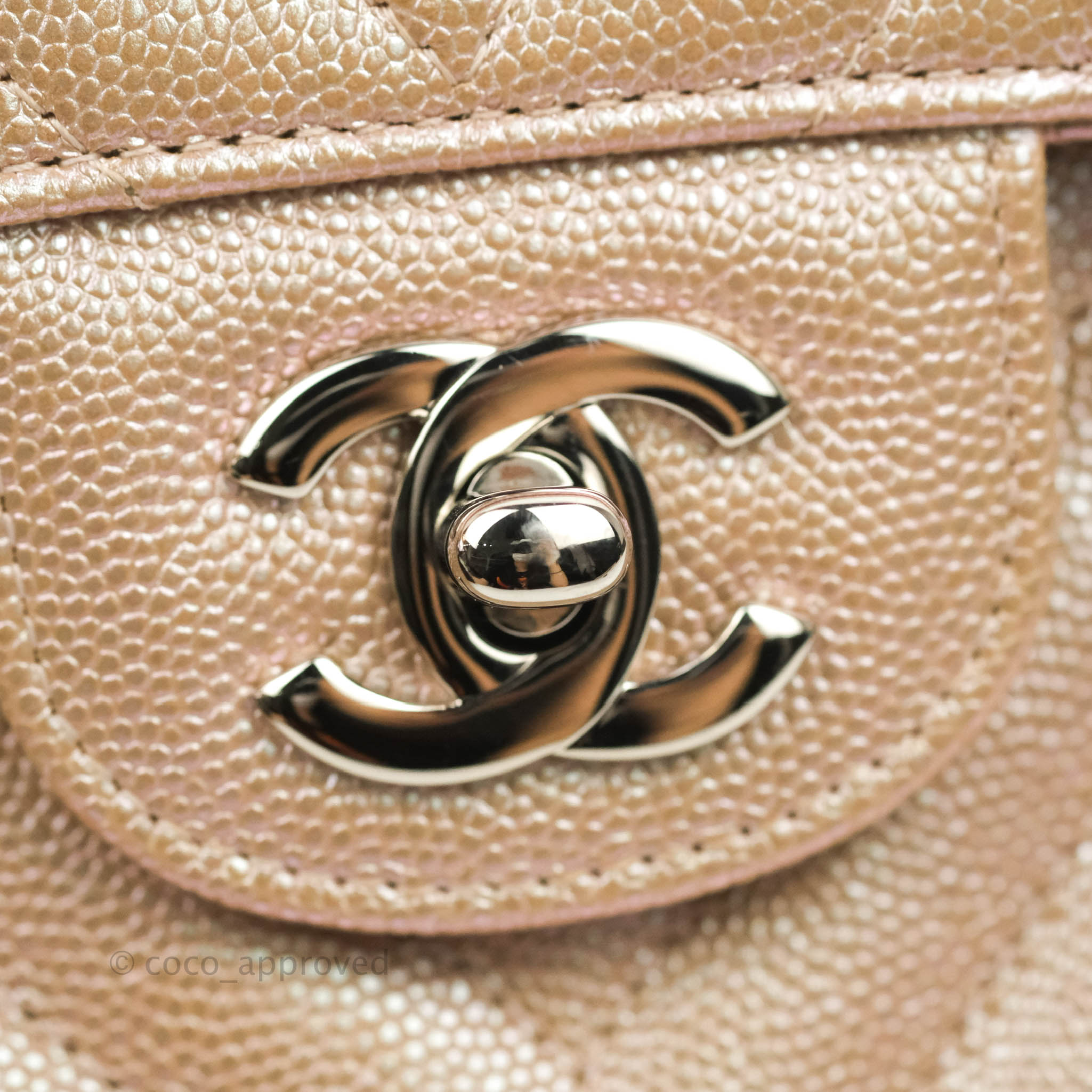 Chanel Classic M/L Medium Double Flap Bag in Iridescent Rose Gold Pink Caviar Leather with Silver Hardware - 17B Collection | Perfect for Evening Events, Luxury Gifts & Fashion Accessories
