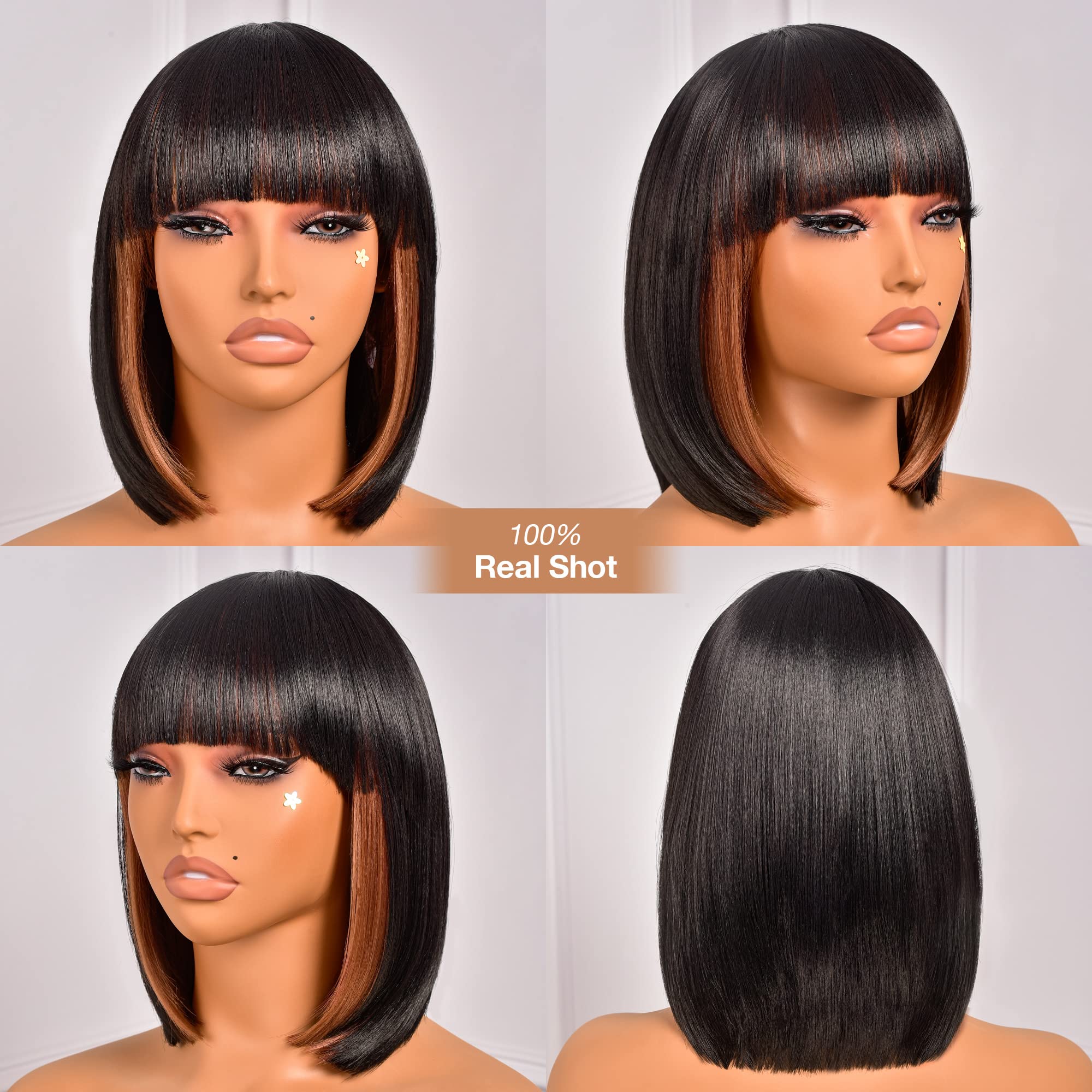 ToyoTress 12 Inch Short Bob Wig with Bangs - Peek-a-boo Black Mix Brown Synthetic Heat Resistant Wig for Black Women | Light Yaki Straight Hair | Daily Wear & Costume Use (SH30-612H)