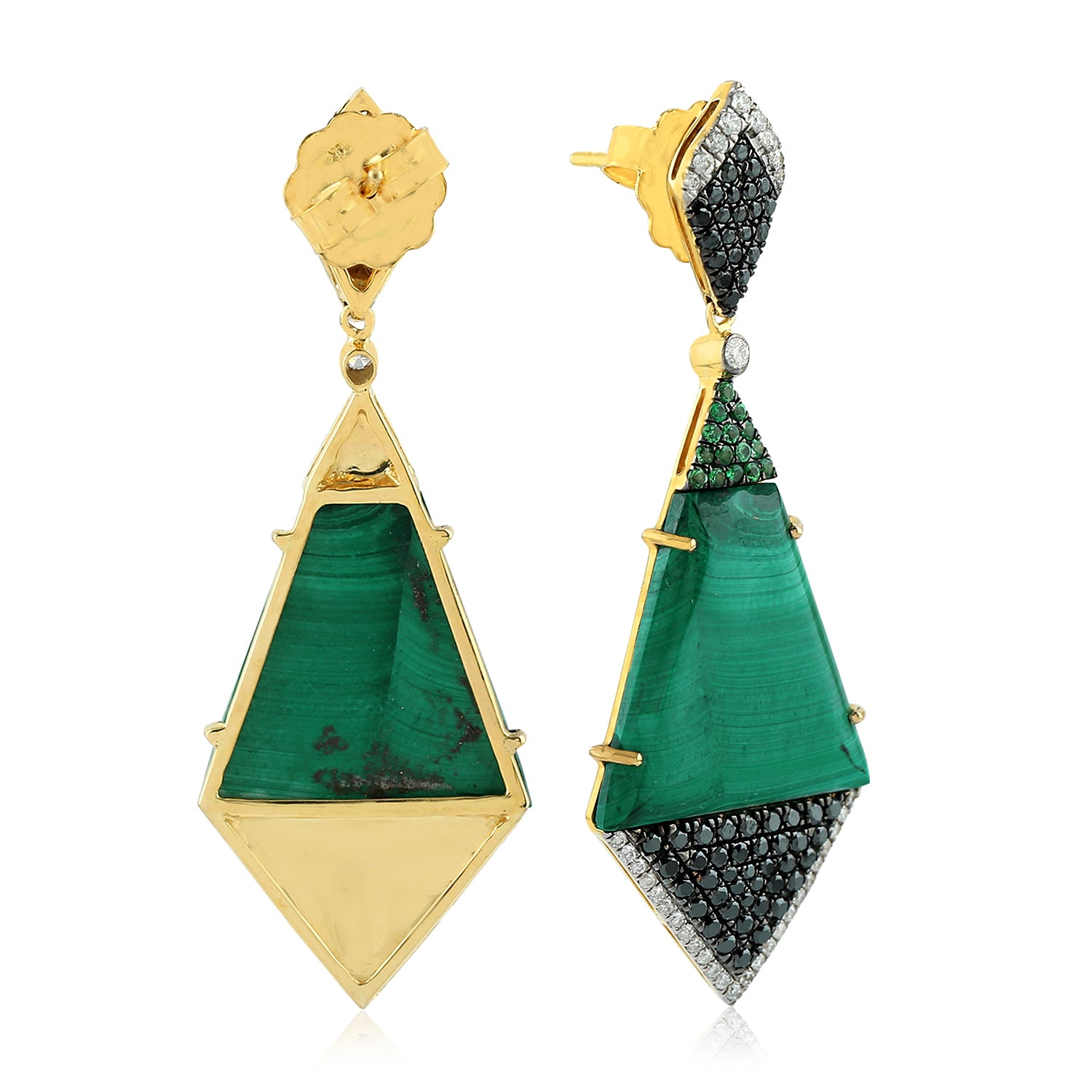Exquisite Malachite & Tsavorite Pave Dangle Earrings with Black & White Diamonds in Gold - Perfect for Evening Parties, Weddings & Special Occasions