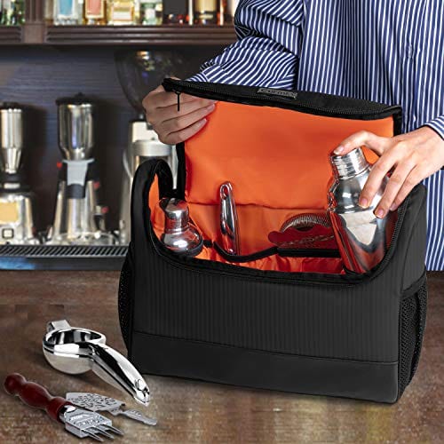 Premium CURMIO Bartender Kit Bag - Durable Portable Travel Carrying Case with Comfortable Rubber Handle for Cocktail Tools Set | Ideal for Home Bars, Outdoor Parties, Professional Bartending & Mobile Mixology (Black) - Bag Only, Patent Pending