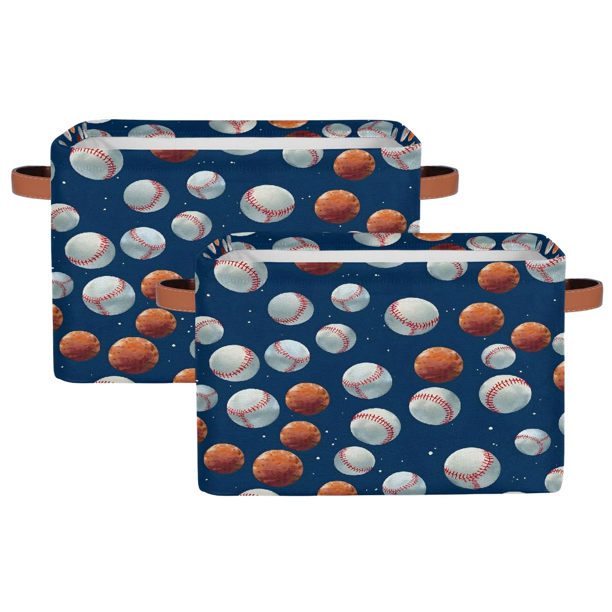 Foldable Baseball Pattern Storage Baskets with Handles - 2 Pack Decorative Shelf Organizer Bins for Home, Bedroom & Closet Organization
