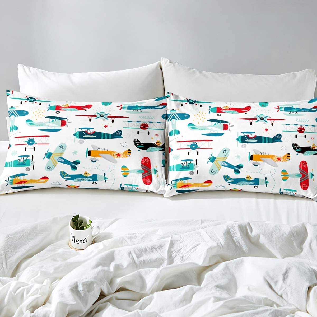 Feelyou Twin Sheets Aircraft Bedding Set for Boys - Kids Cartoon Helicopter Airplane 4-Piece Bed Set | Soft & Cozy Toddler Sheets with Cute Flying Plane Design | Perfect for Kids' Rooms, Nursery Decor & Airplane Themed Bedrooms
