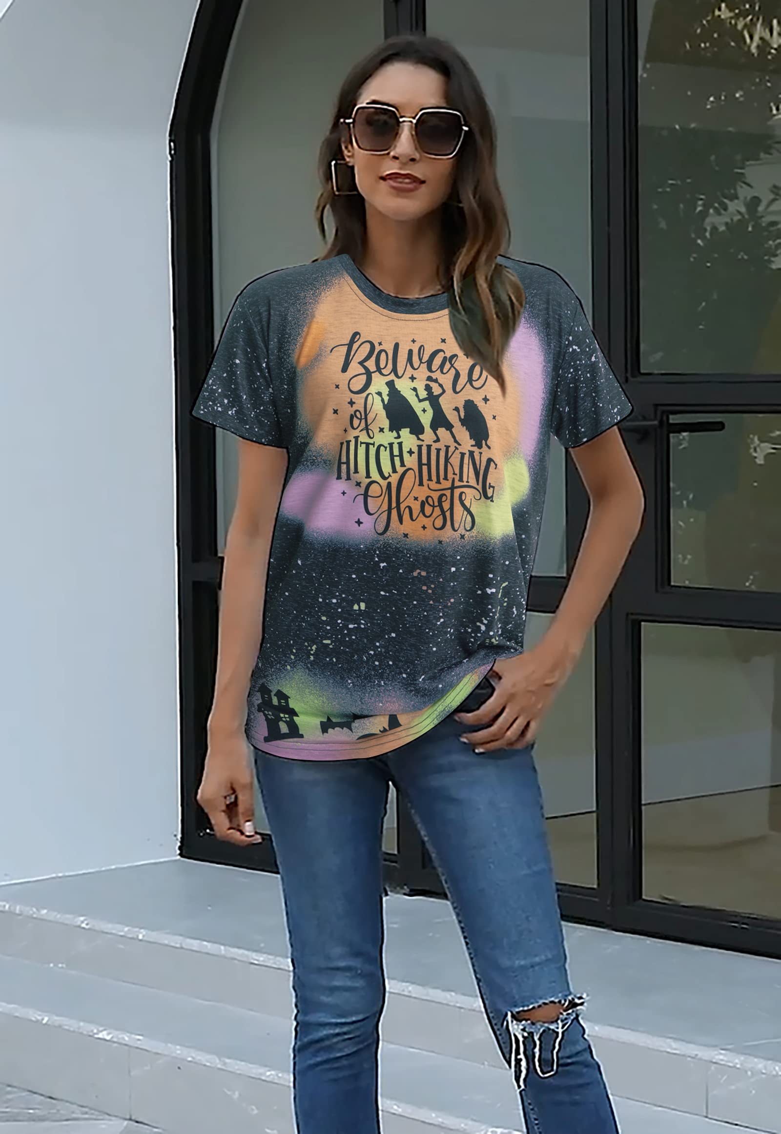 Funny Beware of Hitch Hiking Ghost T-Shirt for Women - Haunted Halloween Short Sleeve Tee - Perfect for Halloween Parties & Spooky Costumes