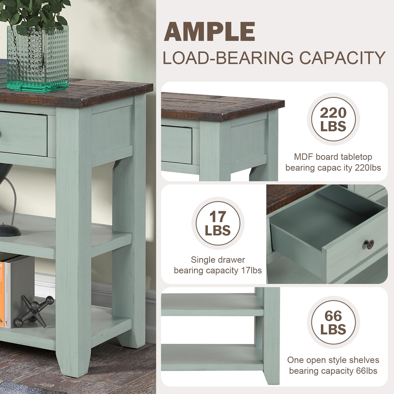 INMOZATA 48 Inch Farmhouse Console Sofa Table with Storage - 3 Drawers & 2 Shelves, Entryway Table for Hallway, Living Room - Rustic Green Home Decor (Perfect for Small Space Organization & Entryway Storage)