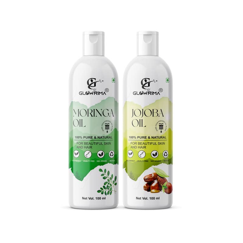 Glowrima 100% Pure Moringa Oil & Jojoba Oil Combo (100ML Each) - Natural Hair Growth Treatment for Thicker, Stronger Hair | Reduces Hair Fall & Split Ends | Nourishes for Softer, Shinier Locks | Perfect for Daily Hair Care & Scalp Massage (Pack of 2)