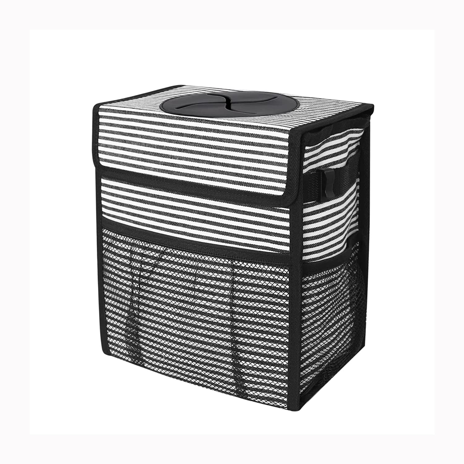 Leak Proof Waterproof Car Trash Can with Lid - Collapsible Hanging Garbage Bin for SUV Front Seat, Multipurpose Car Organizer with Storage Mesh Pocket (Stripe Design) - Perfect for Road Trips, Commuting & Keeping Your Vehicle Clean