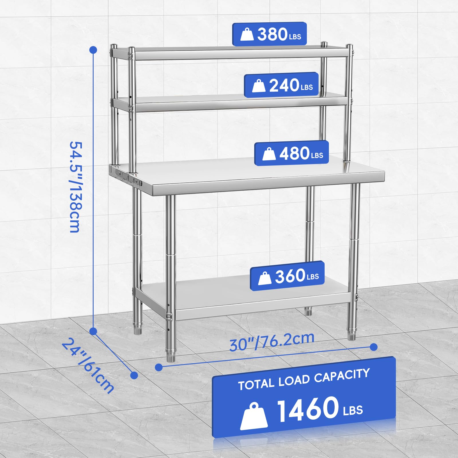 GARVEE 30 x 24 Inches Stainless Steel Work Table with Adjustable Shelf & Hooks - Heavy Duty Commercial Grade, Rustproof, High Weight Capacity - Perfect for Restaurant Kitchen, Food Prep, Garage Workshop & Industrial Use