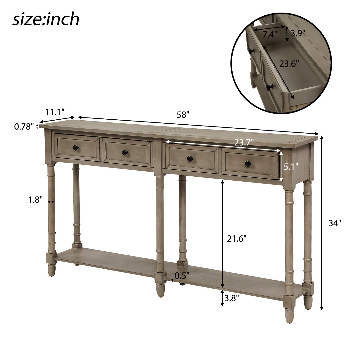 Rustic Gray Wash Wood Console Table with 2 Storage Drawers & Bottom Shelf - Entryway Sofa Table for Living Room, Hallway | Easy Assembly Home Decor for Farmhouse, Apartment & Office Spaces