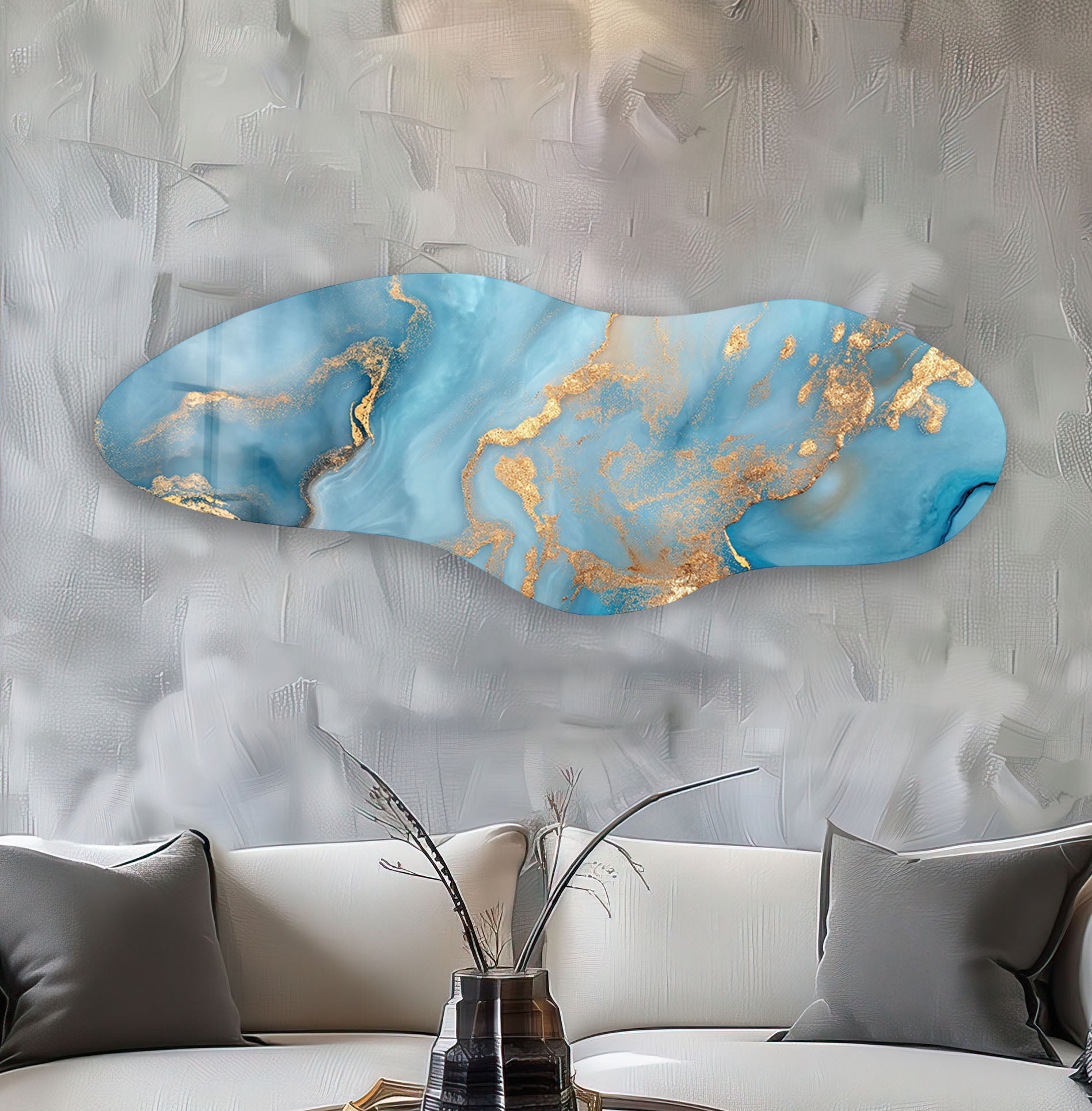 Blue Marbled Asymmetrical Glass Wall Art - Handcrafted Modern Home Decor for Living Room, Bedroom & Office - Unique Abstract Hanging Art Piece for Contemporary Interior Design