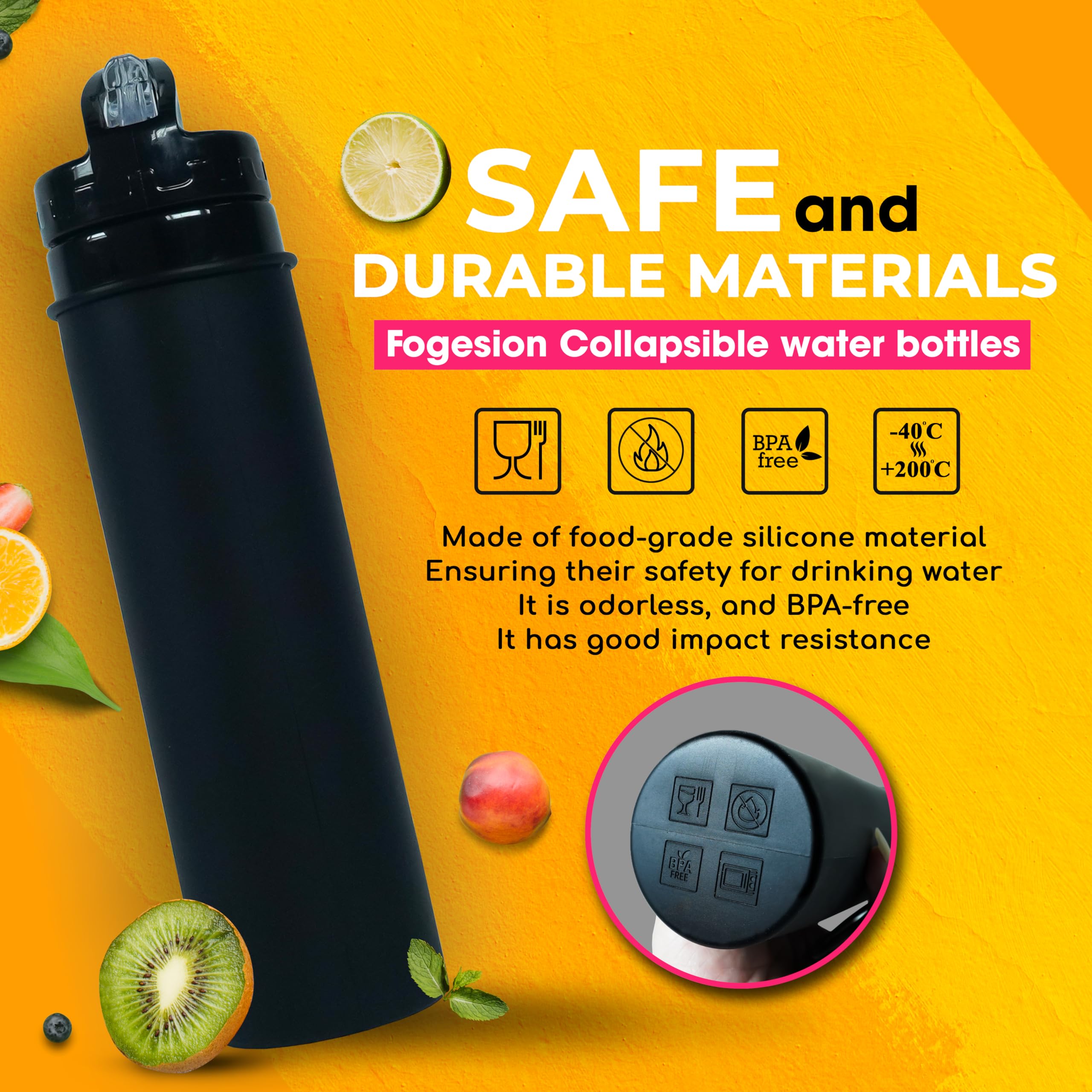 Collapsible Water Bottle 20oz - BPA Free, Leak Proof, Food Grade Silicone Reusable Water Bottle for Travel, Camping, Hiking, Gym & Outdoor Activities - Portable Foldable Jug for Sports, Work & Daily Use (Black)