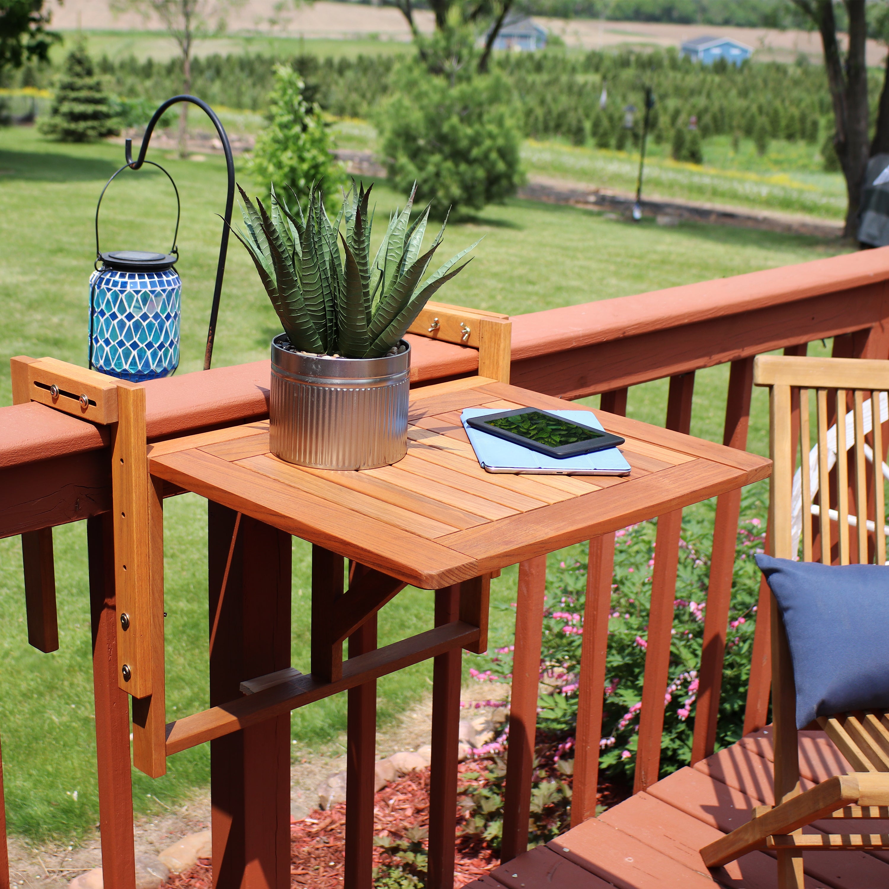 Sunnydaze Meranti Wood Folding Balcony Railing Table - Outdoor Patio Bistro Dining & Coffee Side Table for Small Spaces