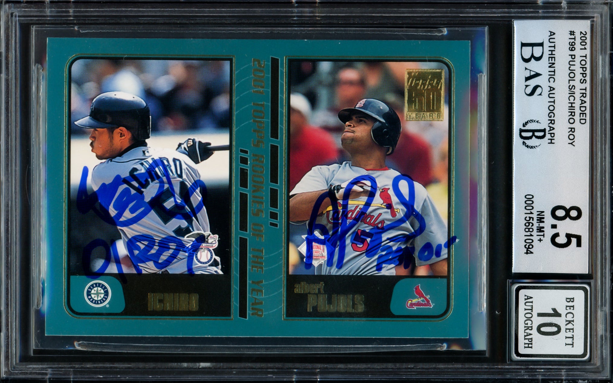 Albert Pujols & Ichiro Suzuki Autographed 2001 Topps Traded Rookie Card #T99 BGS 8.5 Auto Grade Gem Mint 10 - 2001 ROY Beckett BAS #15681094 - Perfect for Baseball Memorabilia Collectors and Sports Fans Display