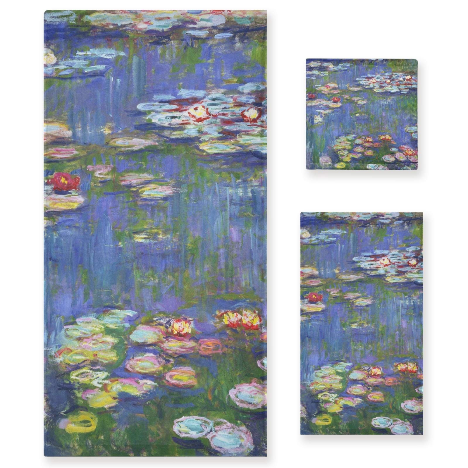 Luxury Cotton Bath Towels Set - 3 Piece (Bath Towel, Hand Towel, Washcloth) - Claude Monet Water Lilies Design - Soft & Absorbent for Bathroom, Spa & Kitchen Use