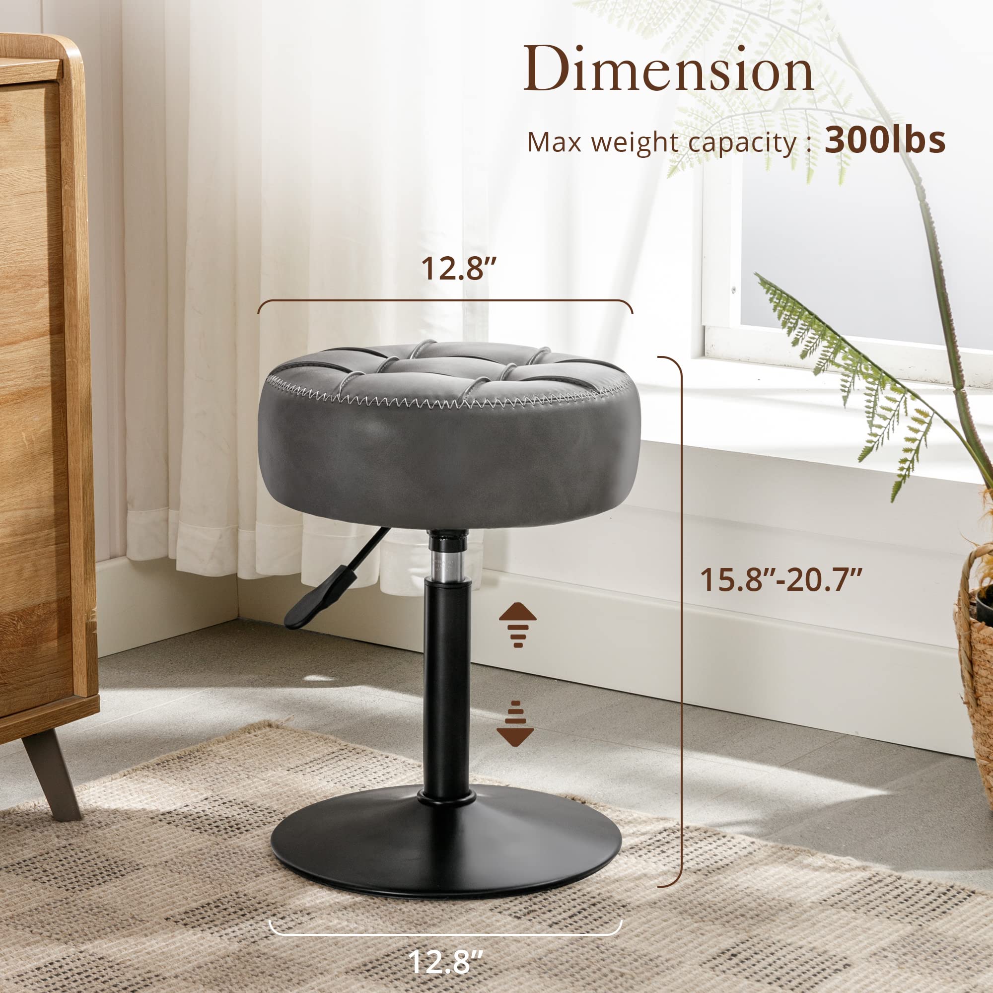 LUE BONA Adjustable Vanity Stool with 360° Swivel - Small Faux Leather Makeup Chair Stool for Bathroom, Bedroom & Living Room - Grey Modern Vanity Seat for Dressing Table, Beauty Salon & Home Decor
