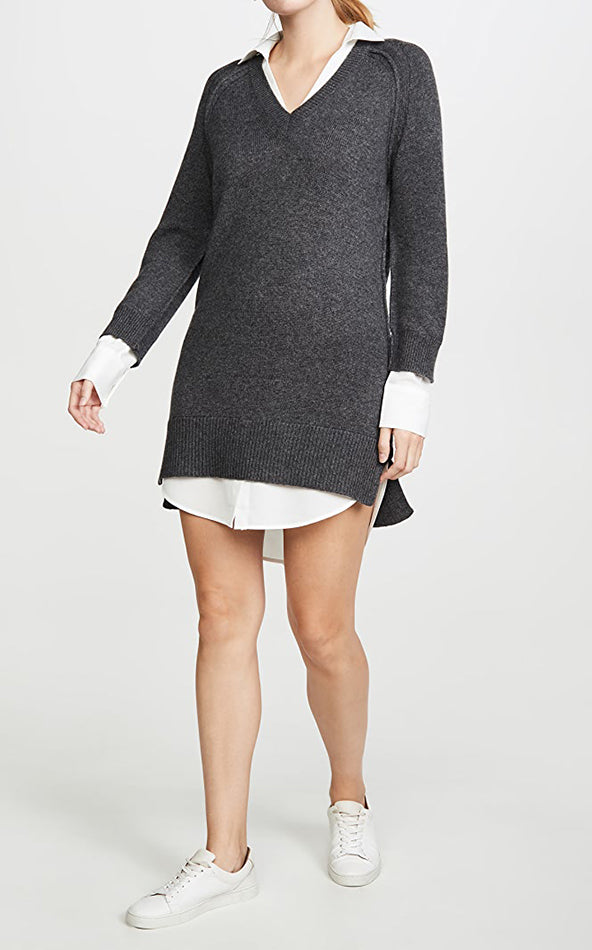 Brochu Walker Grey Knit Layered V-Neck Dress for Women XS - Perfect for Office Wear, Date Night & Casual Outings