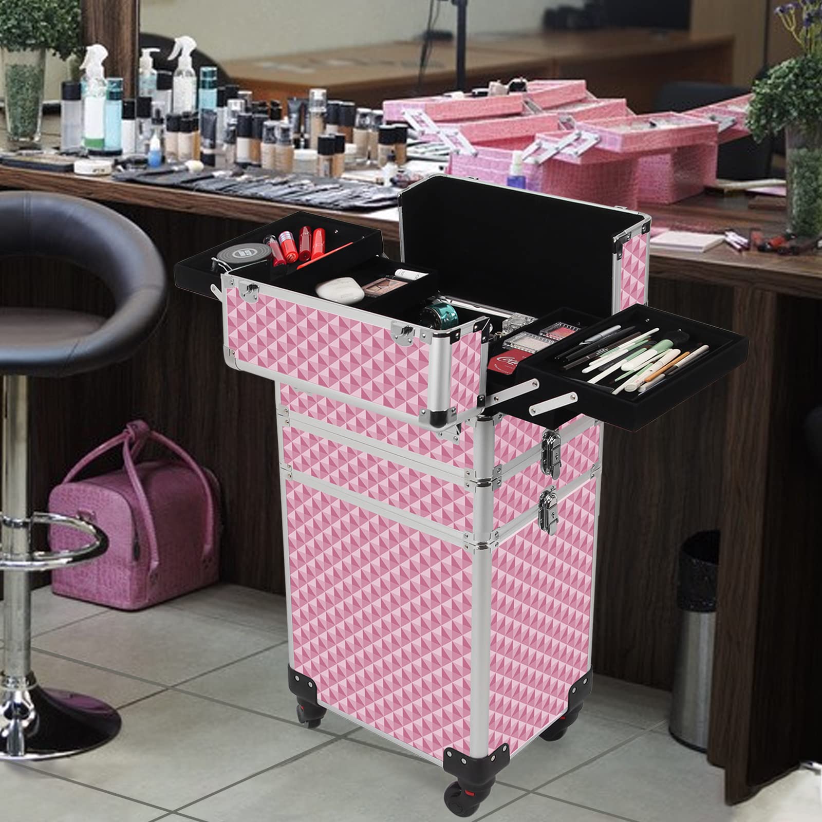 3-in-1 Professional Rolling Makeup Case with Lock & Wheels | Large Cosmetic Storage Trolley for Beauty Artists | Travel-Friendly Pink Train Case (0079) | Perfect for Salon, Mobile Makeup Services & Travel Organization