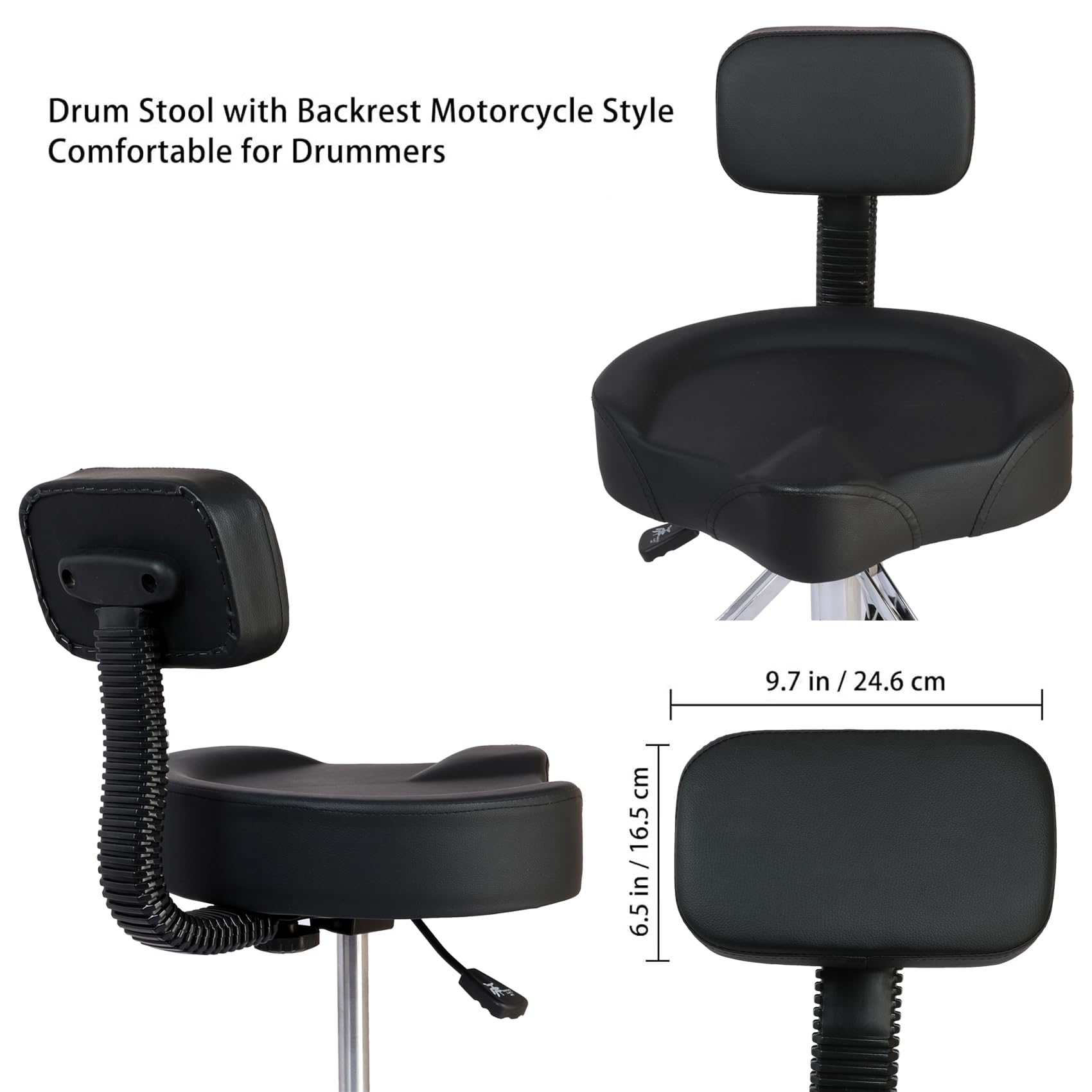 Adjustable Hydraulic Drum Throne with Backrest - Padded Memory Foam Saddle Seat, Stable Bass & Height Adjustment for Drummers & Guitar Players - Perfect for Live Performances, Studio Sessions & Home Practice (Black)
