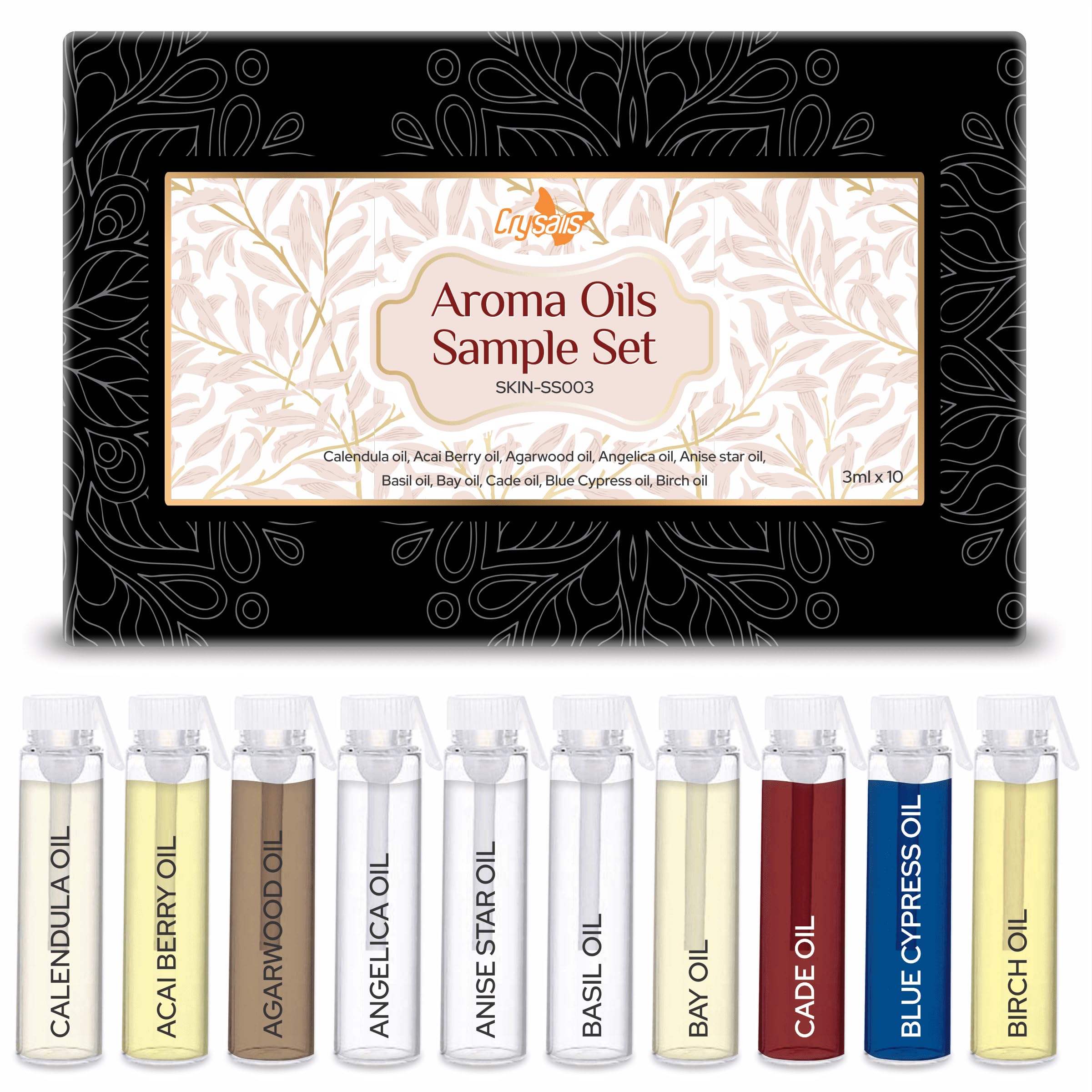 Premium Crysalis Skin Care Essential Oils Set - 10x3ml Bottles (Calendula, Acai Berry, Agarwood, Angelica & More) for Aromatherapy, Massage & DIY Beauty Products