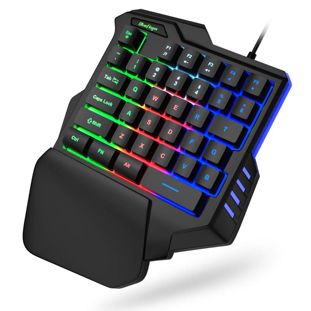 One-Handed RGB Gaming Keyboard with Wrist Rest - USB Wired Mechanical Feel Keyboard, Rainbow Backlit Ergonomic Design, Multimedia Keys - Perfect for PC Gaming, Esports & Office Work