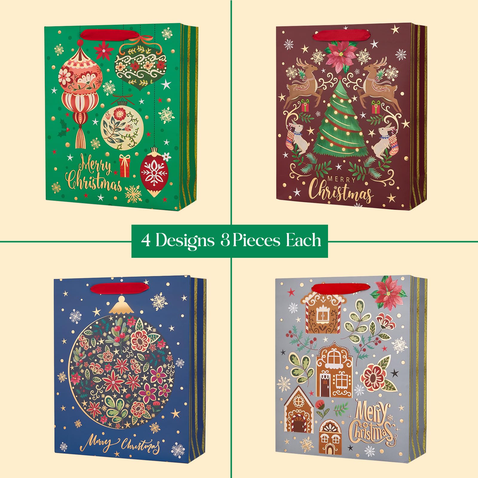 12Pcs Red Green Metallic Gold Christmas Gift Bags Bulk - Large 12.5x10.5 Inch Holiday Gift Wrap Bags with Gilded Xmas Tree, Gingerbread & Reindeer Designs - Foiled Mistletoe Favor Bags for Christmas, New Year, Office Parties & Holiday Gift Exchanges