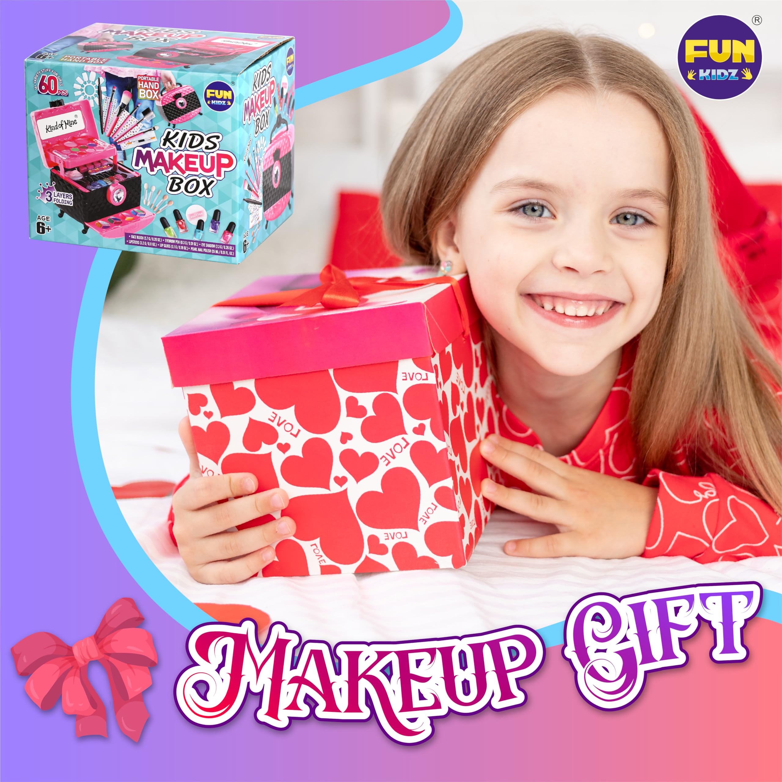 60Pcs Kids Makeup Kit for Girls Ages 6-12 - Non-Toxic Pretend Play Cosmetic Set with 3-Layer Folding Box | Perfect Birthday Gift & Party Favor for Little Girls | Dress Up, Role Play & Tea Party Fun