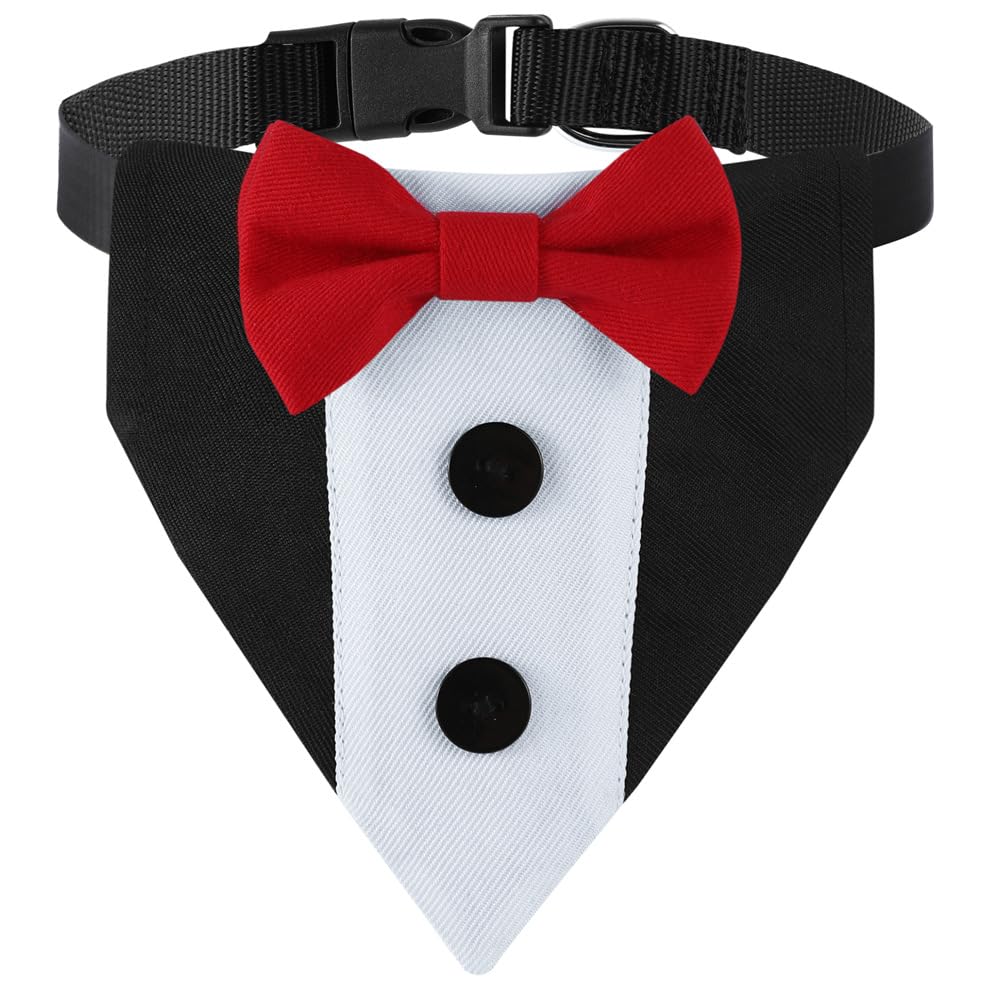 Dog Tuxedo & Adjustable Collar with Red Bow Tie - Formal Wedding & Birthday Outfit for Small, Medium & Large Dogs | Detachable Bow Tie & Scarf for Pet Weddings, Parties & Special Occasions