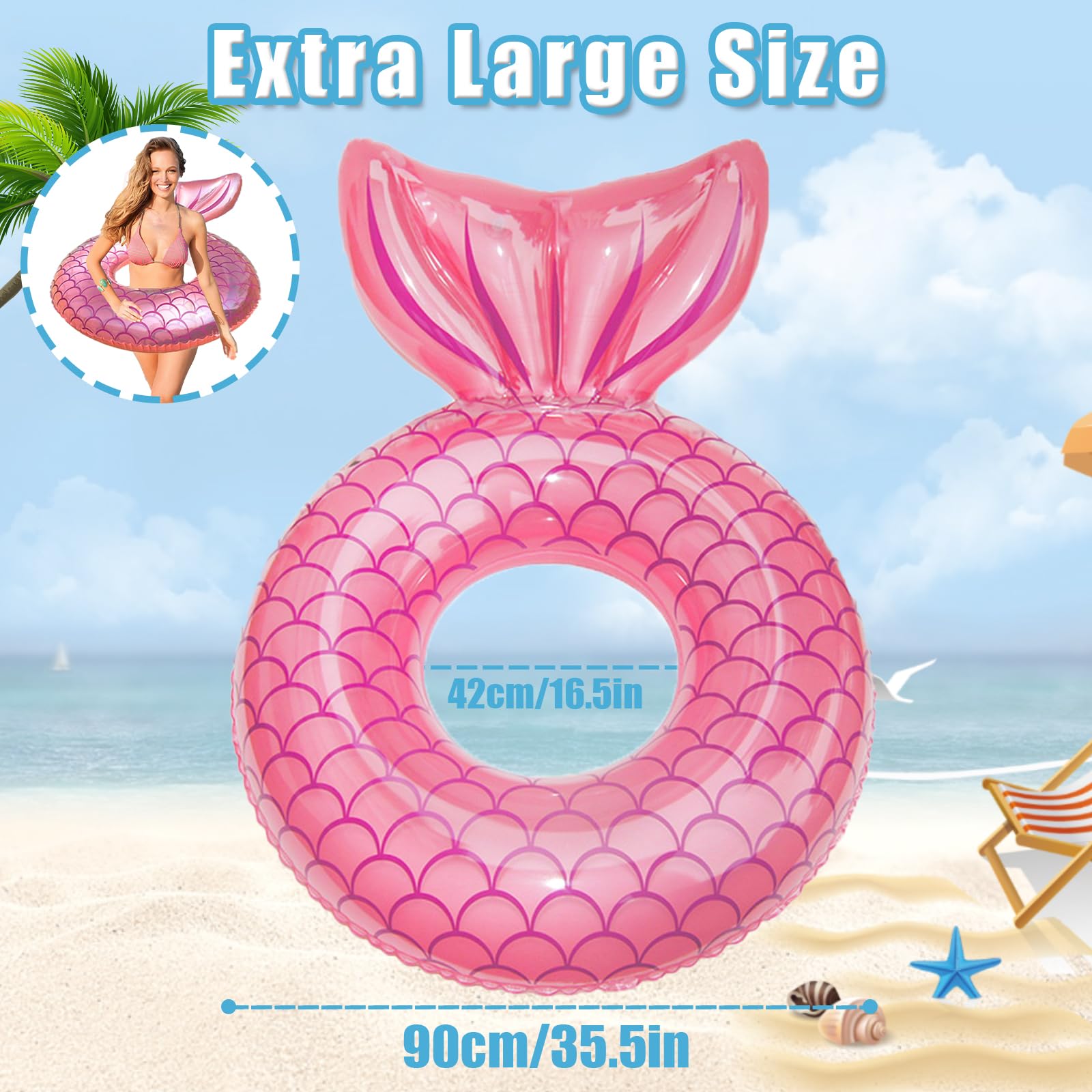 110cm Extra Large Inflatable Pool Ring for Adults - Durable Swimming Float, Fish Tail Design, Swim Toy for Pool, Lake & Beach Fun - Perfect for Relaxing, Lounging & Water Games