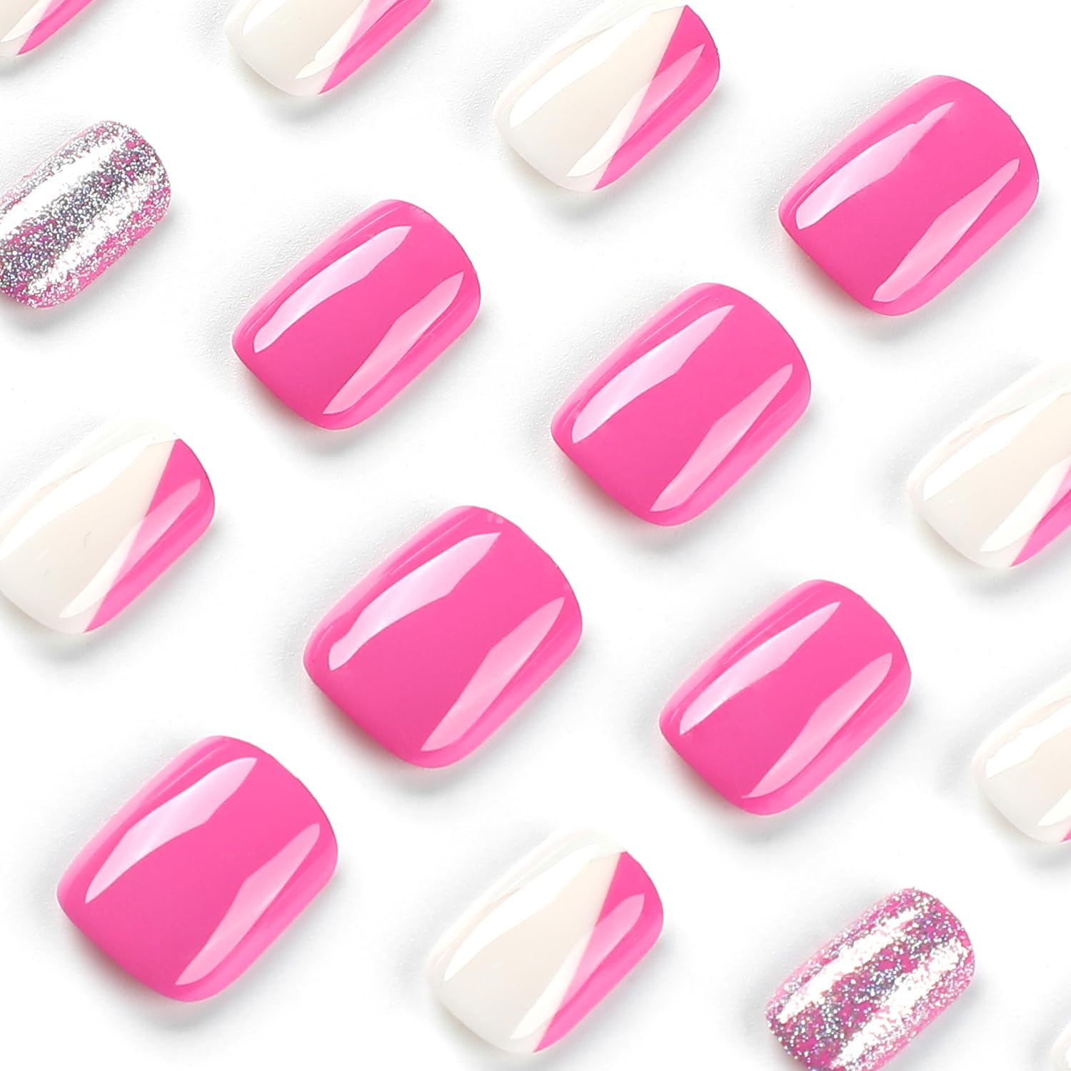 Rose Pink Press on Nails Short Square Fake Nails with Glue - Acrylic False Nails with Glitter Designs for Women & Girls | Easy Application, Salon-Quality Manicure | Perfect for Parties, Weddings & Everyday Wear