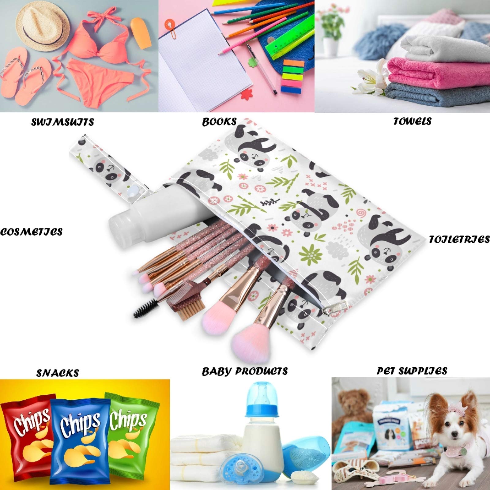 Visesunny 2-Pack Cute Panda Wet Bags with Zippered Pockets - Washable & Reusable Waterproof Storage for Diapers, Swimsuits, Gym Clothes - Perfect for Travel, Beach, Pool, Daycare, Stroller & Toiletries Organization