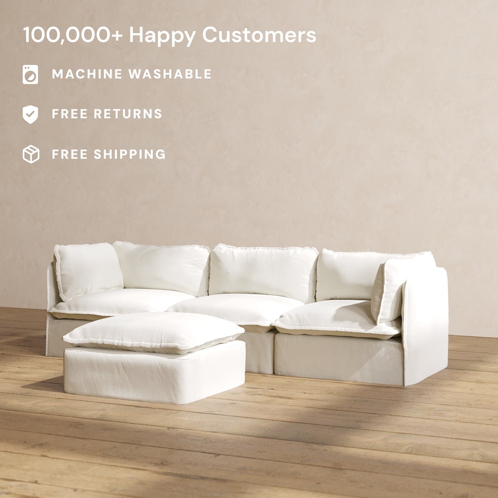 Premium Modular Performance 3-Seater Sofa with Ottoman in Eggshell White | Luxury Blend Fabric | Perfect for Living Room, Lounge & Home Theater Seating