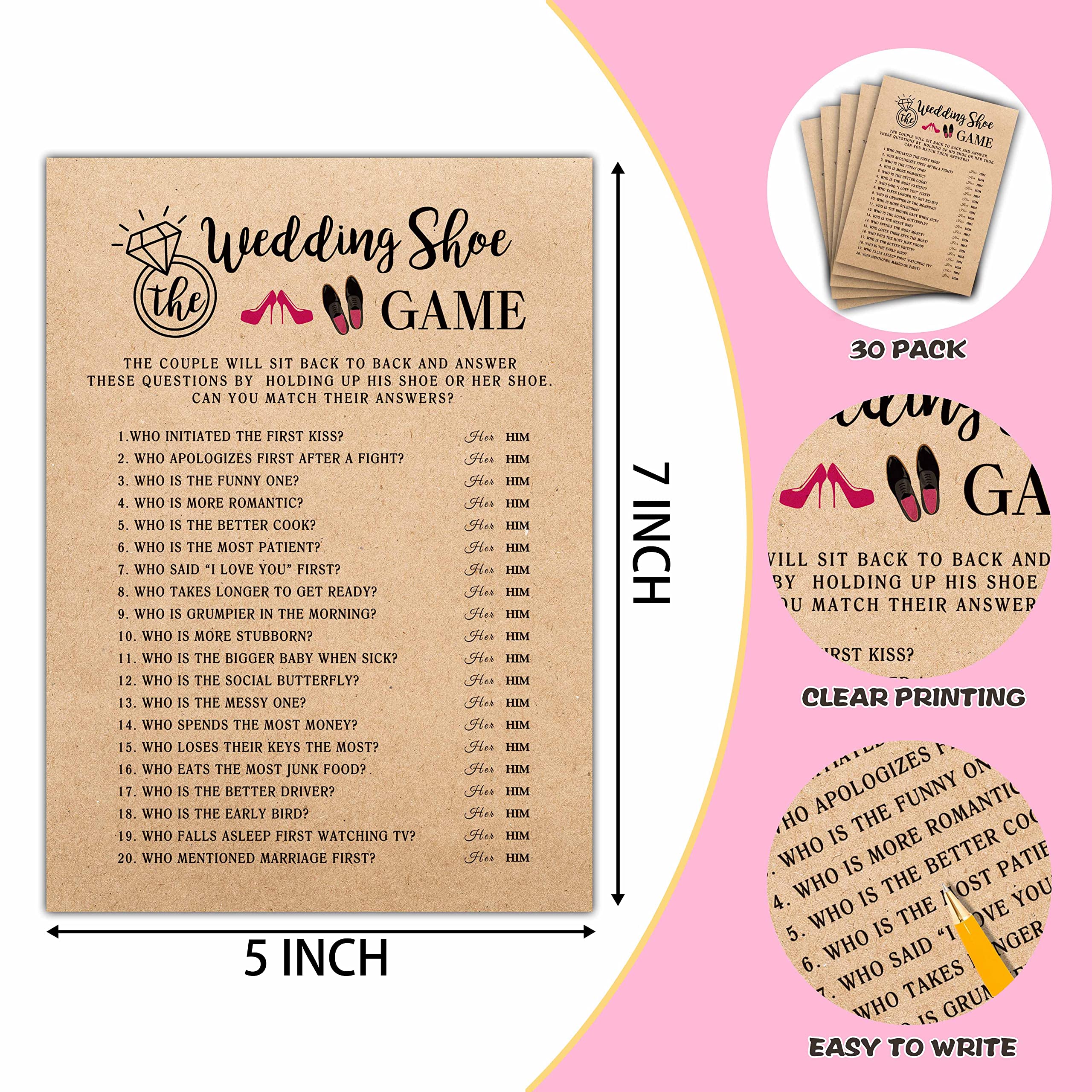 Bridal Shower Game Set - 30 Rustic Kraft Wedding Shoe Game Cards for Engagement, Bachelorette & Wedding Parties - Fun Group Activity & Party Favor Decor - Perfect for Bridal Showers, Wedding Receptions & Girls' Night Celebrations